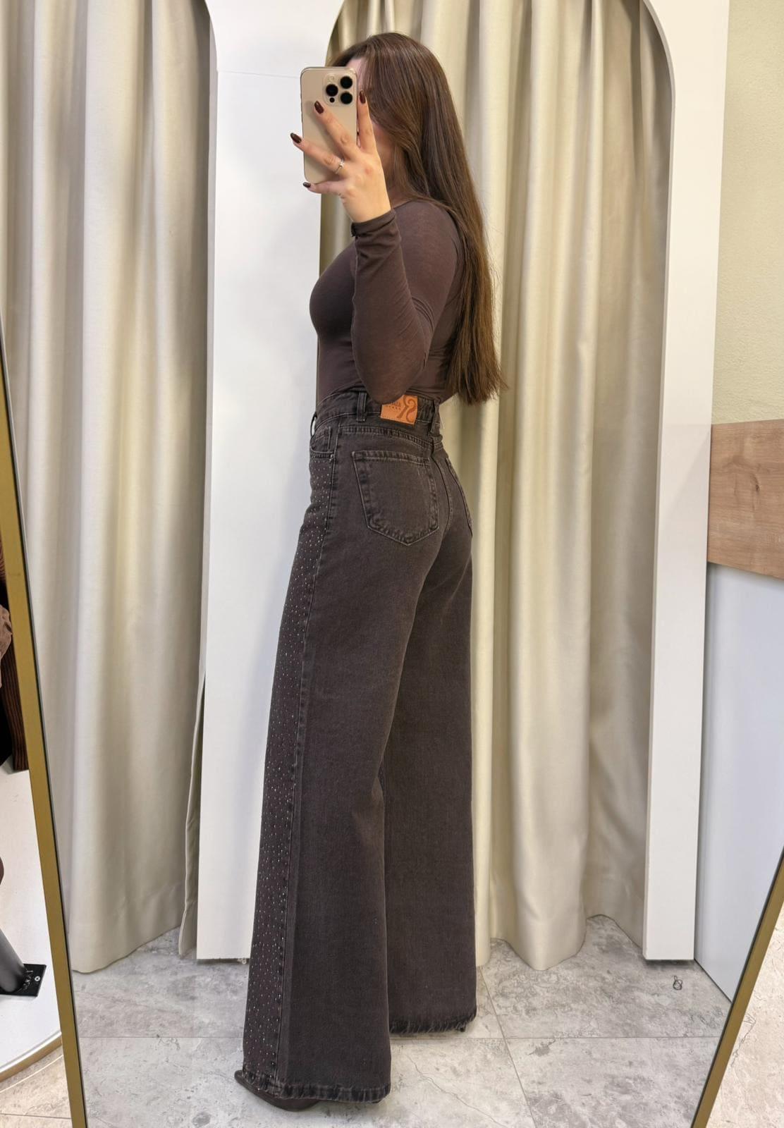 Glow Kahve Taşlı Wide Leg Jean