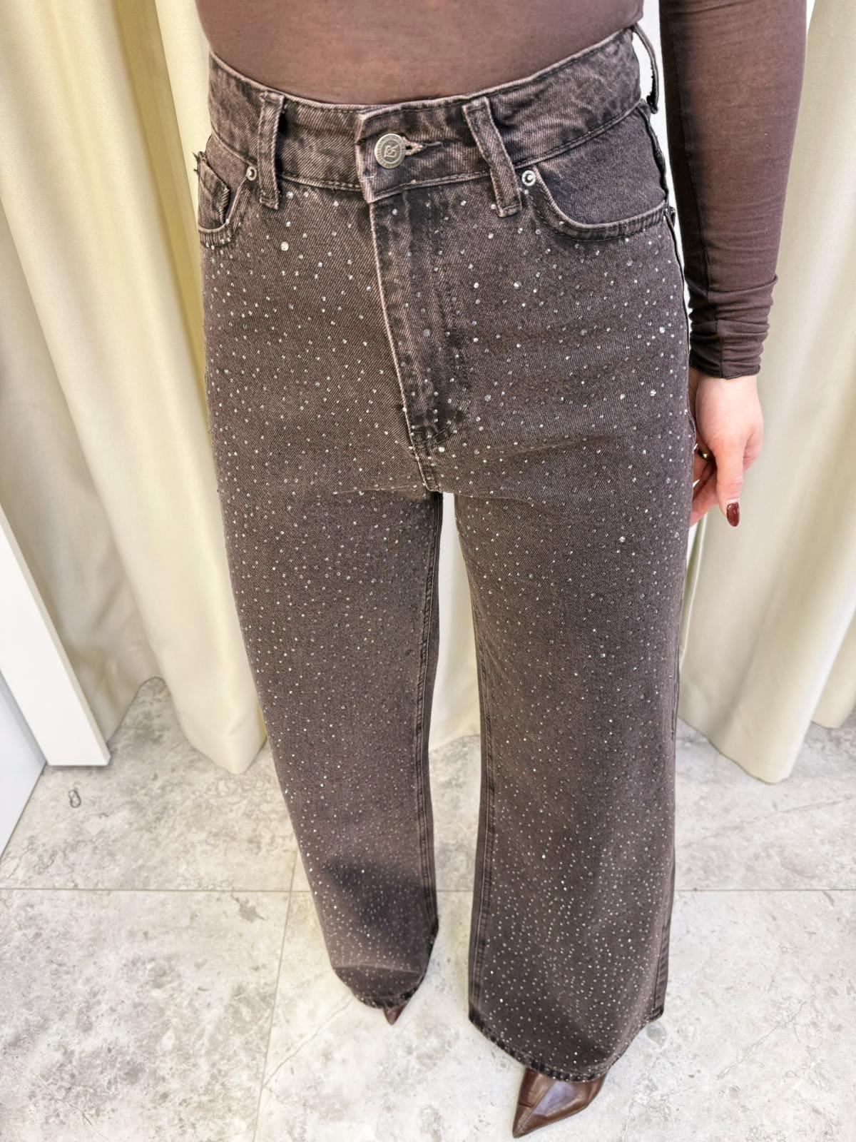 Glow Kahve Taşlı Wide Leg Jean