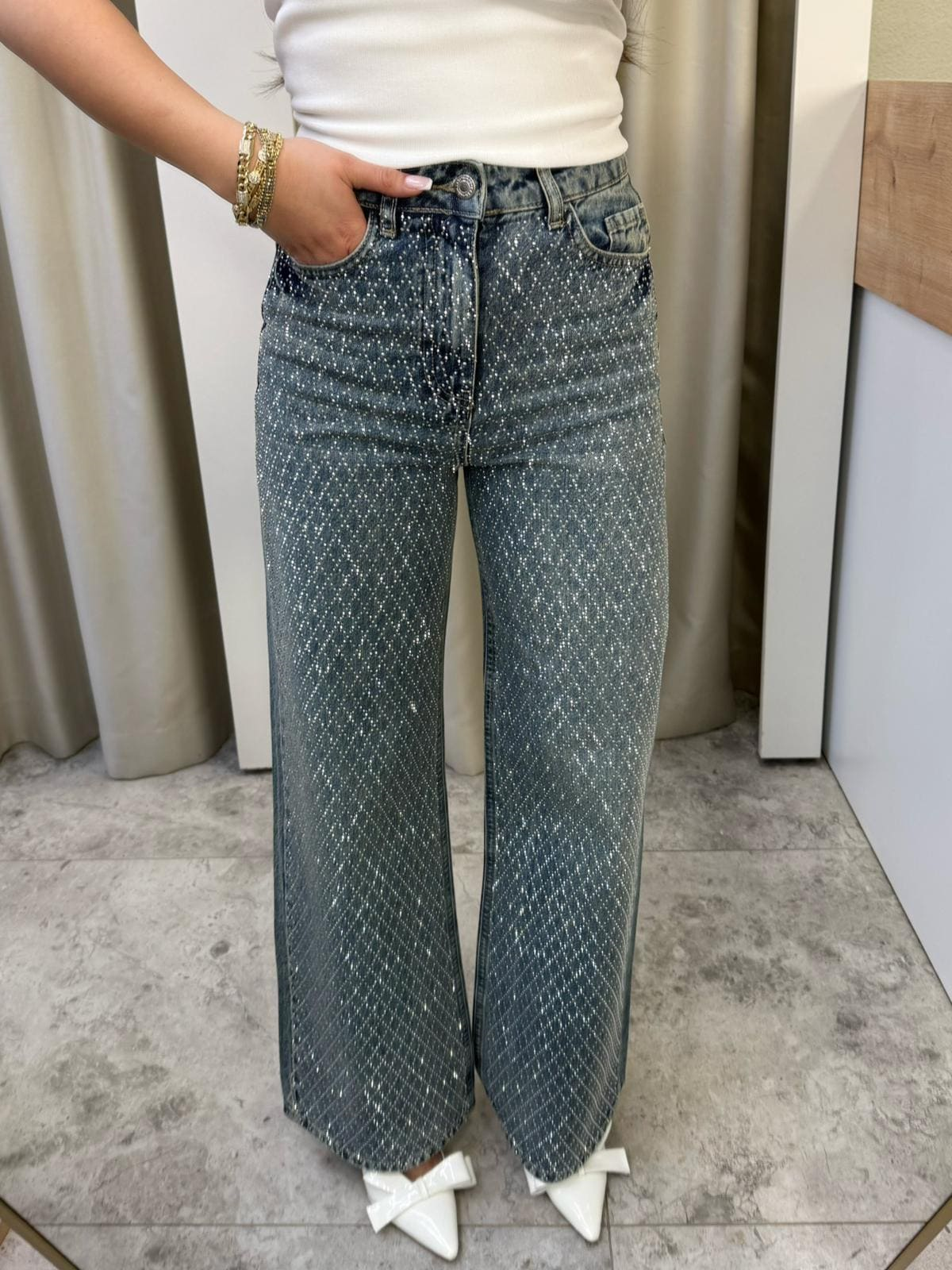 Glowin Taşlı Wide Leg Jean