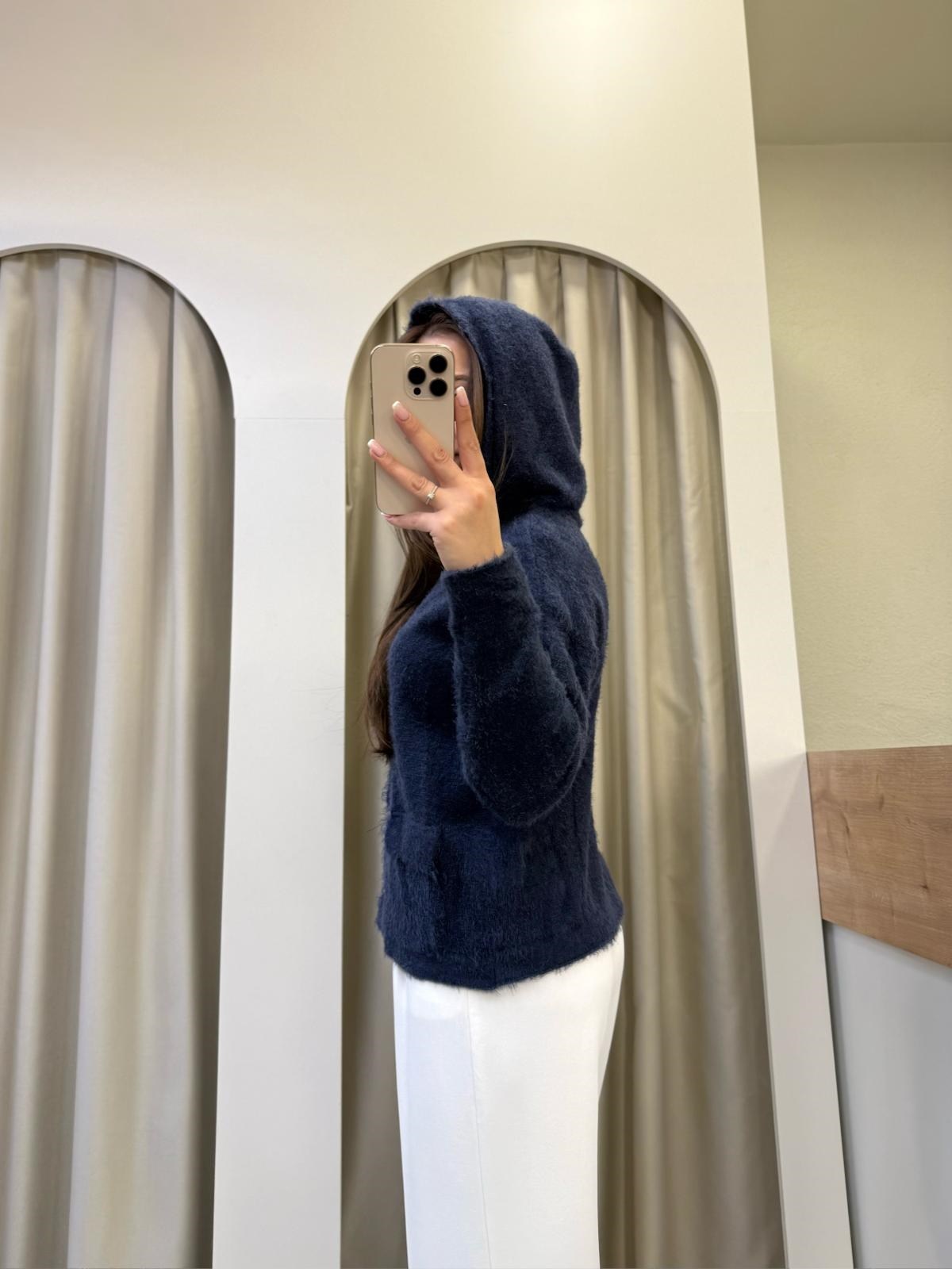 Godes Lacivert Kapüşonlu Peluş Hırka
