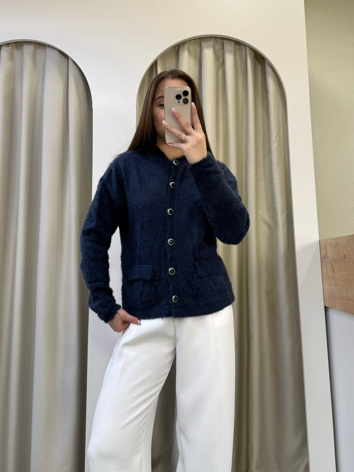 Godes Lacivert Kapüşonlu Peluş Hırka