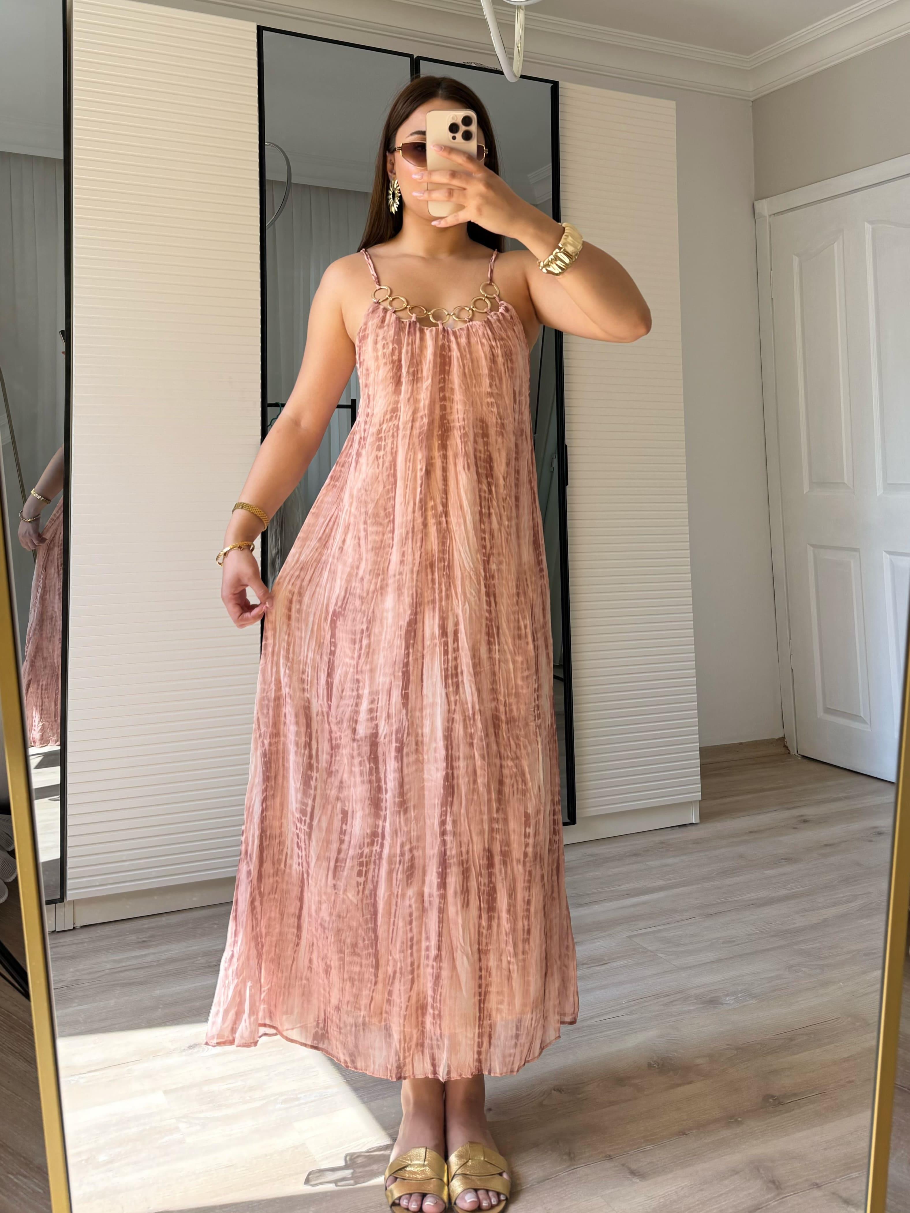 Halka Kolye Detaylı Marka Model Elbise-Pembe