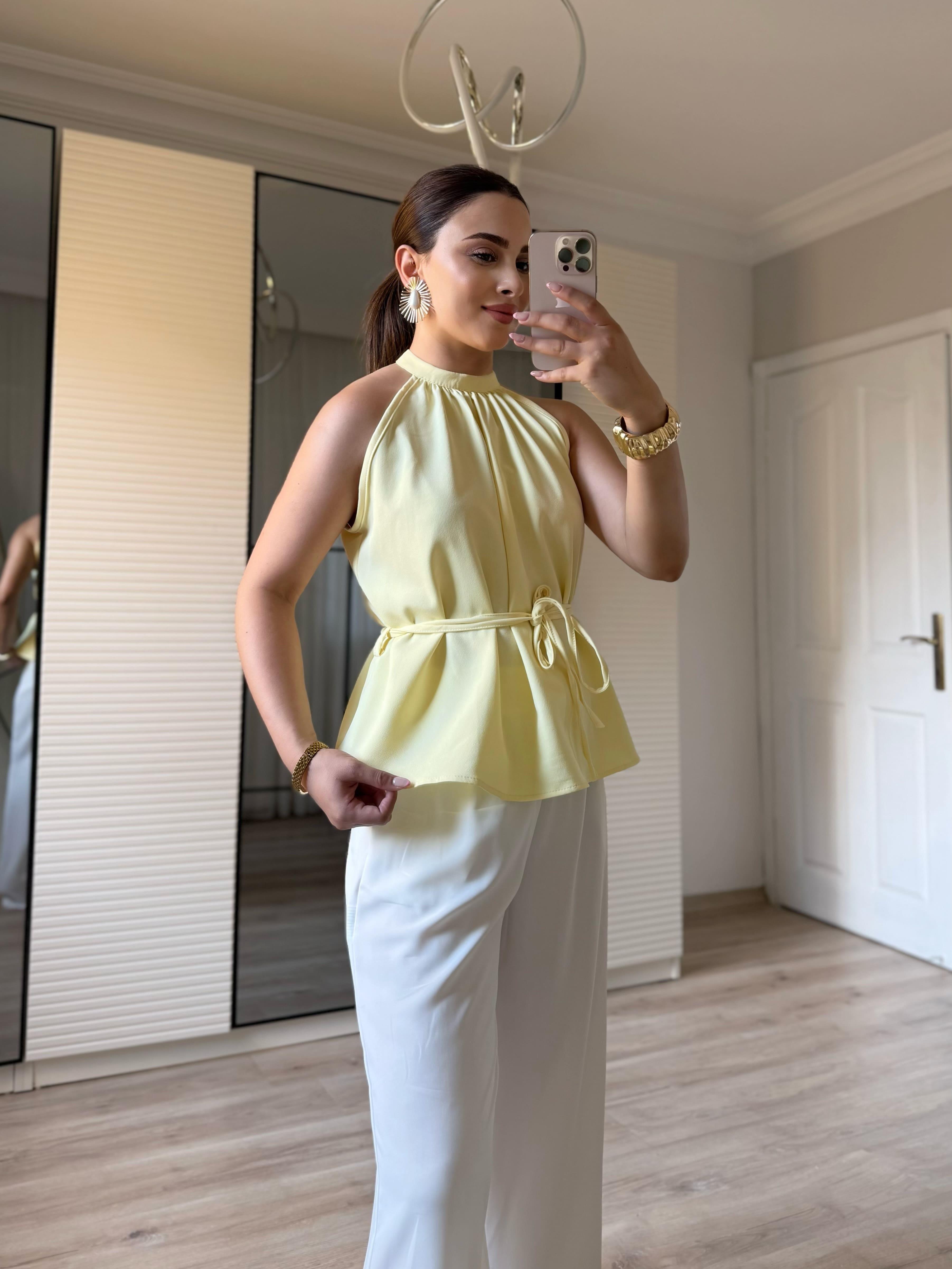 Halter Yaka Bağlamalı Bluz-Sarı
