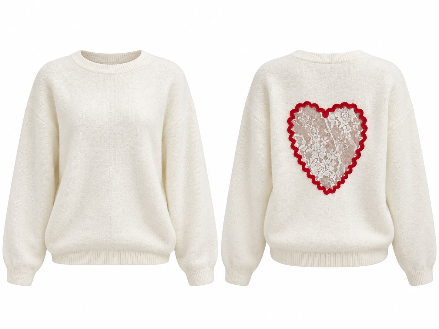 Heart Ekru Arkası Dantel Kalp Detaylı Peluş Kazak