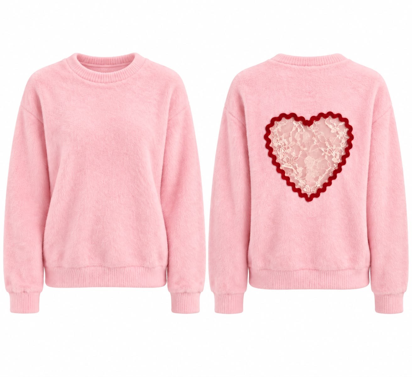 Heart Pembe Arkası Dantel Kalp Detaylı Peluş Kazak