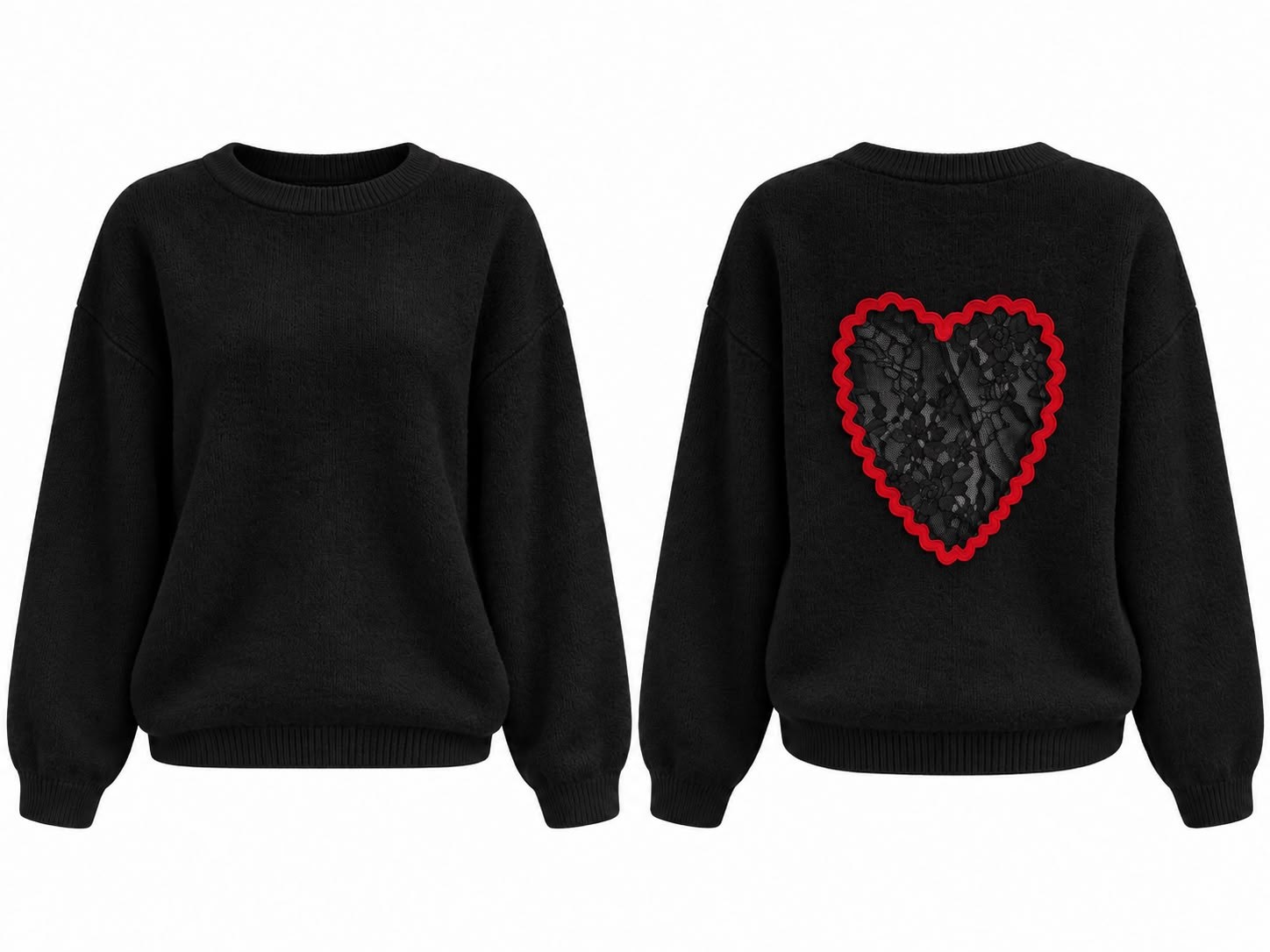 Heart Siyah Arkası Dantel Kalp Detaylı Peluş Kazak