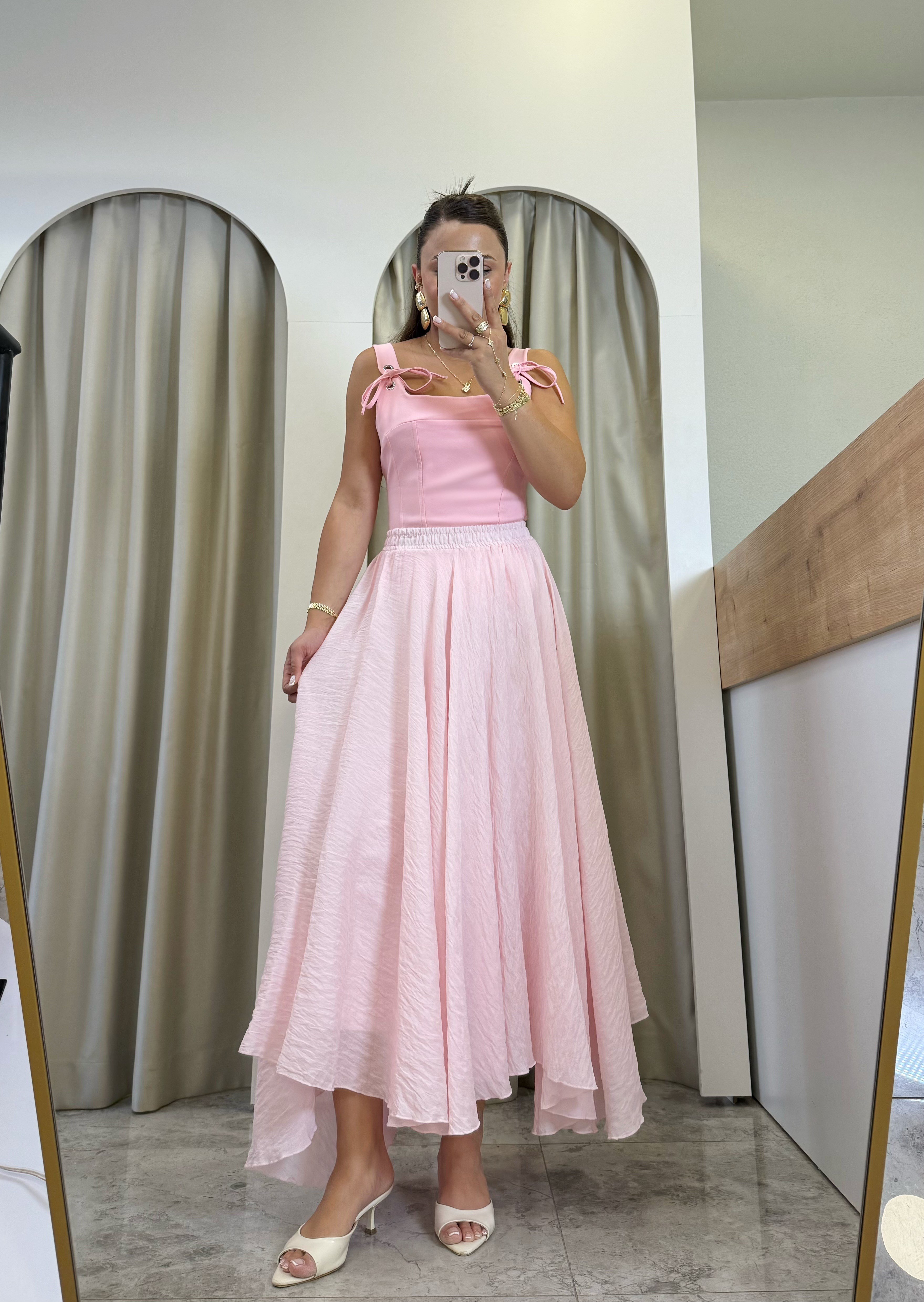 İvory Pembe Astarlı Dilimli Tül Etek