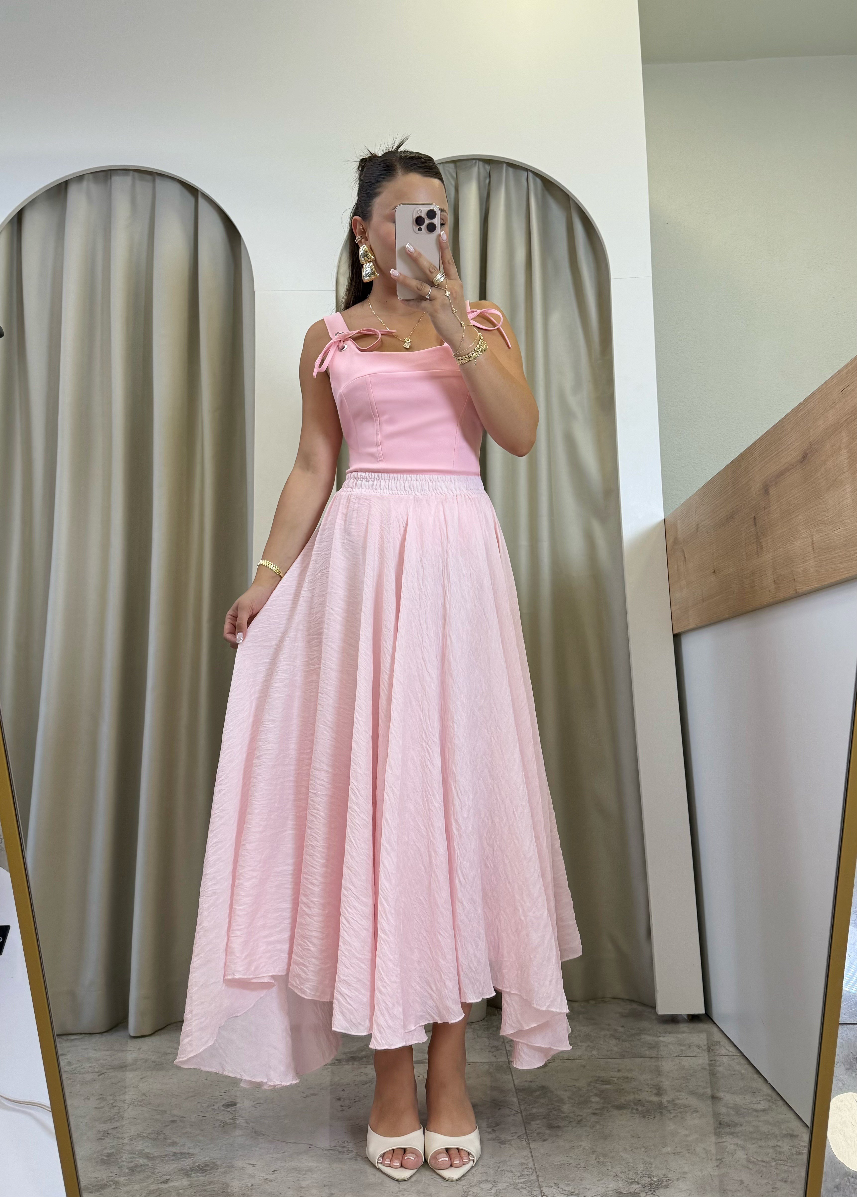 İvory Pembe Astarlı Dilimli Tül Etek