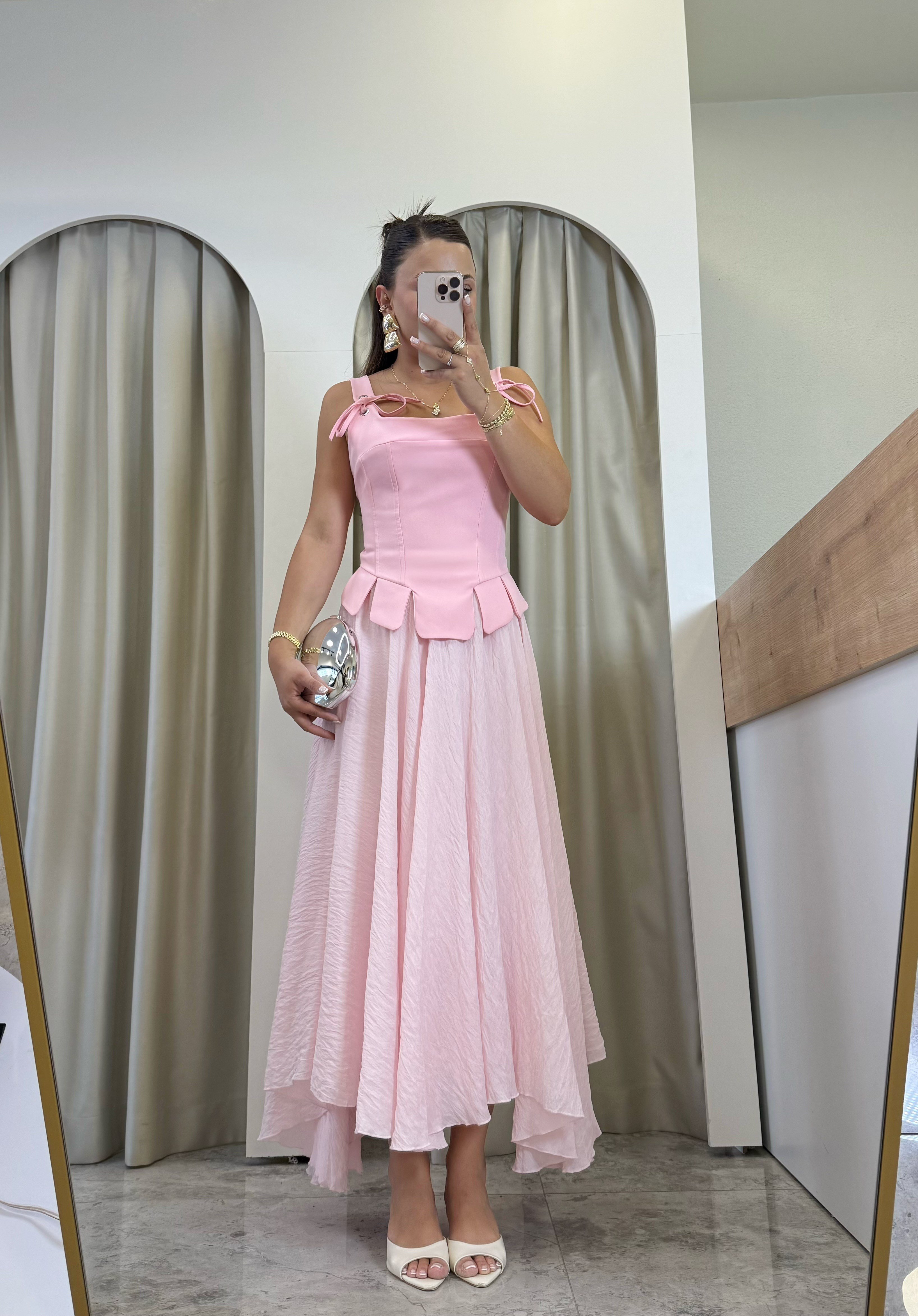 İvory Pembe Astarlı Dilimli Tül Etek