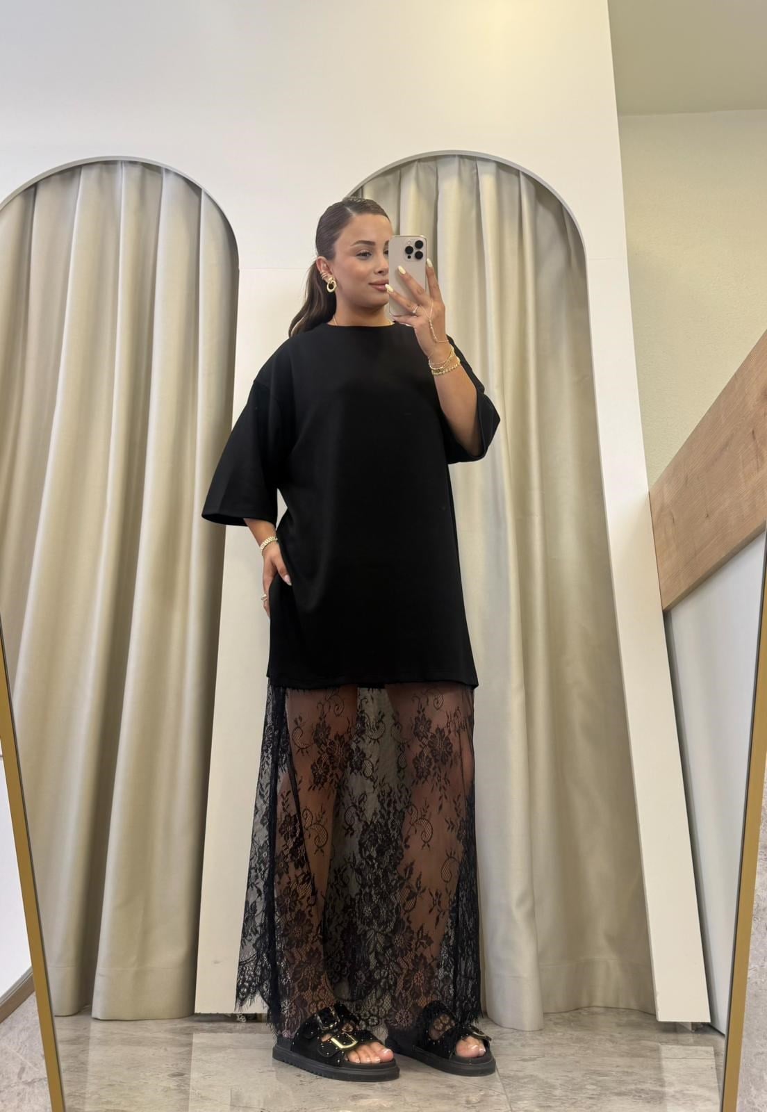 Jesica Siyah Dantel Detaylı Modal Tişört Elbise
