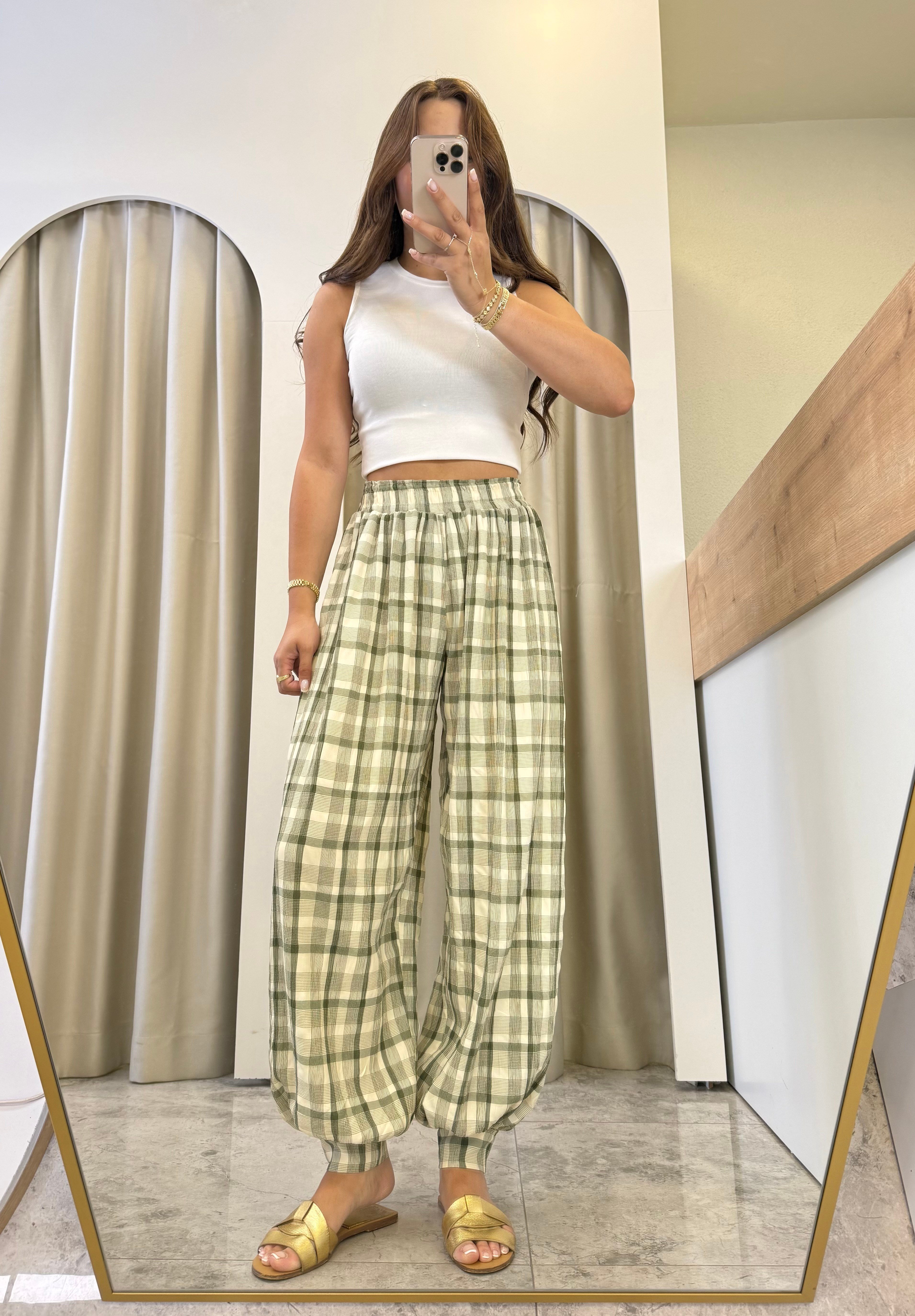Jolly Yeşil Ekose Şalvar Pantolon