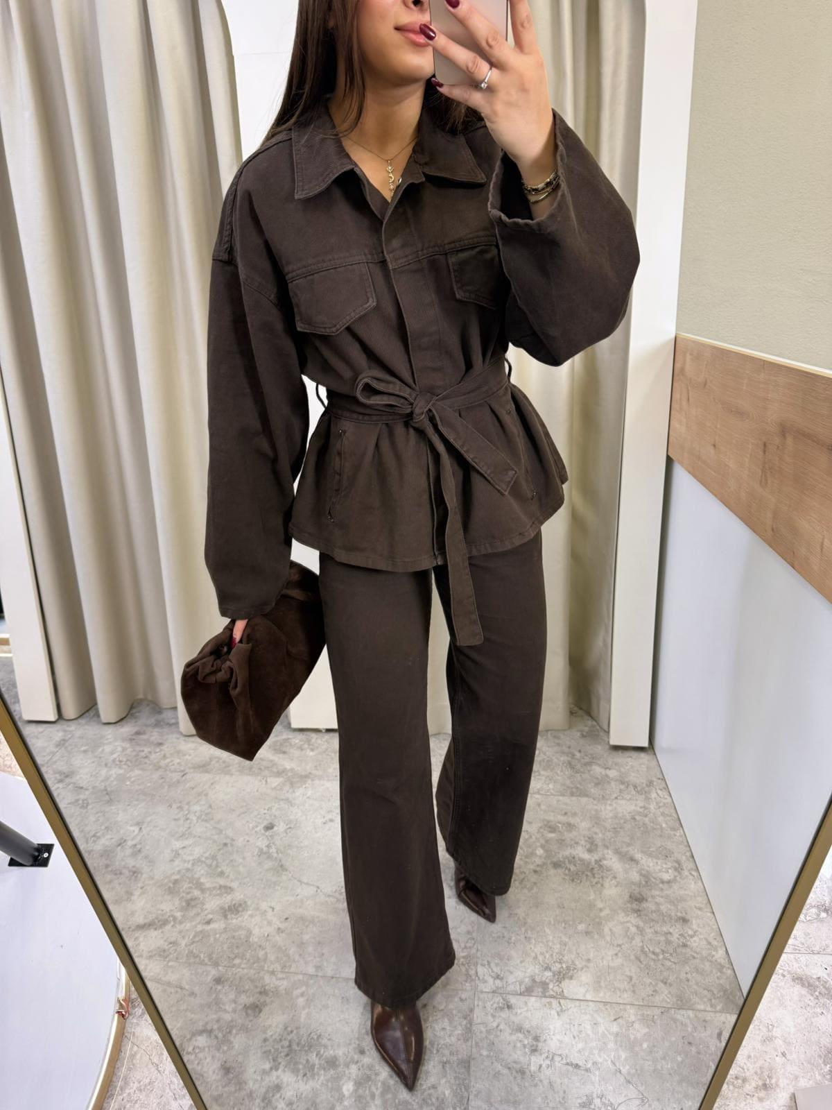 Kahve Denim Kuşaklı Takım