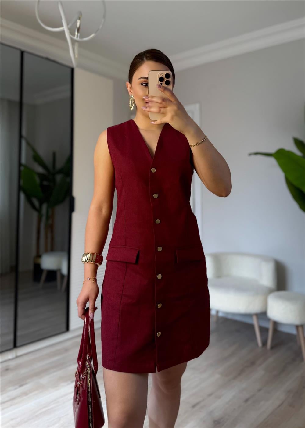 keten gold düğmeli elbise-BORDO