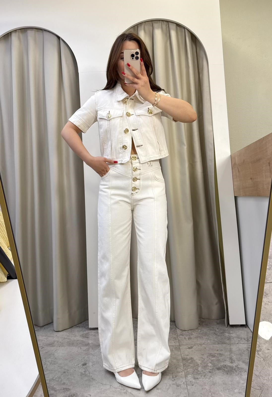 Keyy Bej Gold Düğmeli Denim Takım