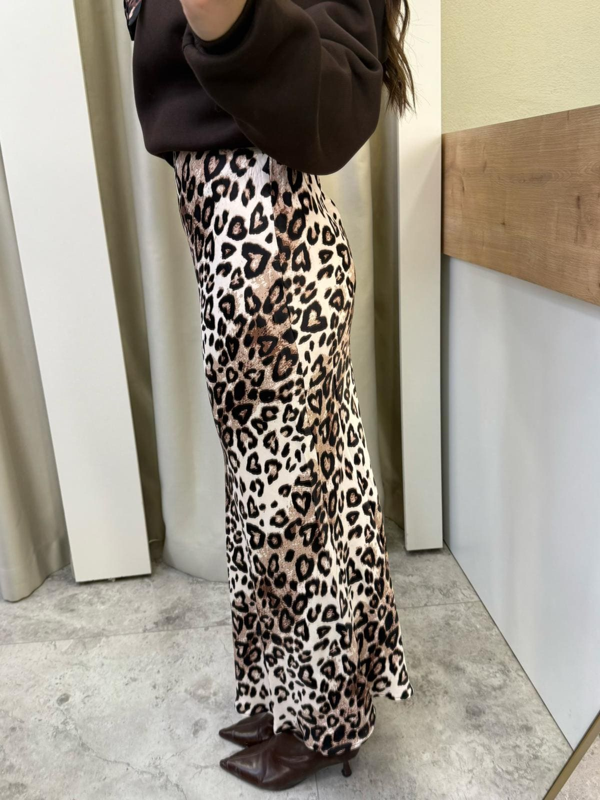 Leos Kahve Leopar Saten Maxi boy Etek