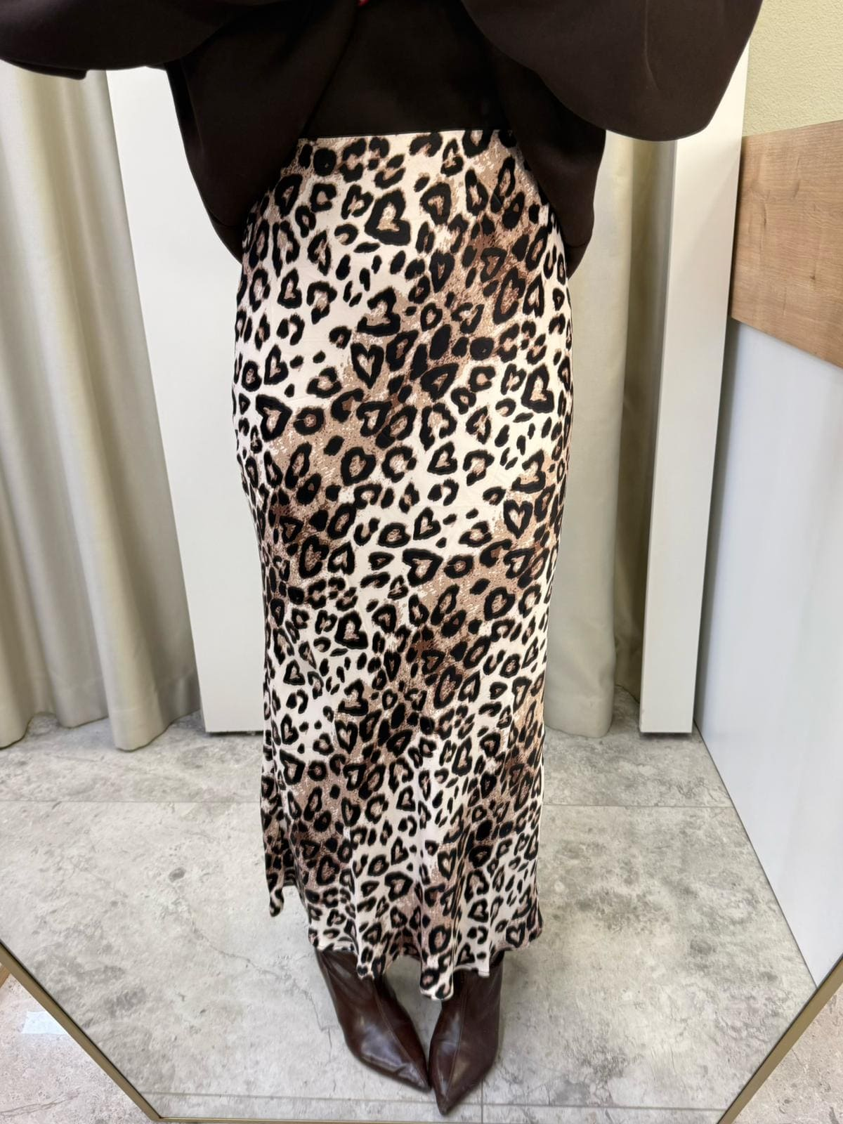 Leos Kahve Leopar Saten Maxi boy Etek