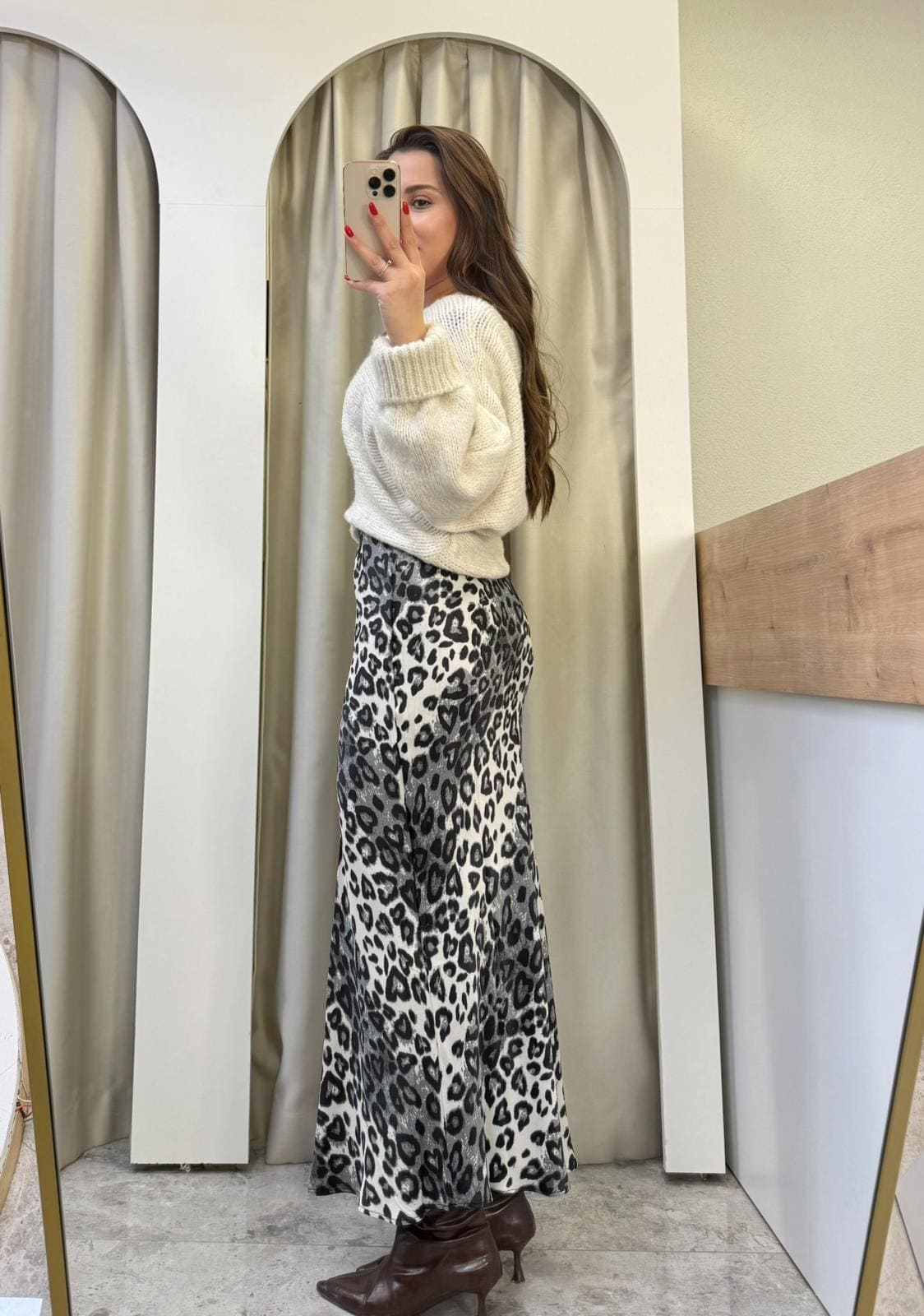 Leos Siyah Leopar Saten Maxi boy Etek