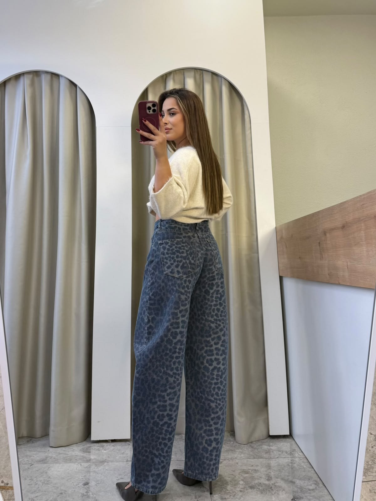Levona Mavi Leopar Desen  Barrel Jean