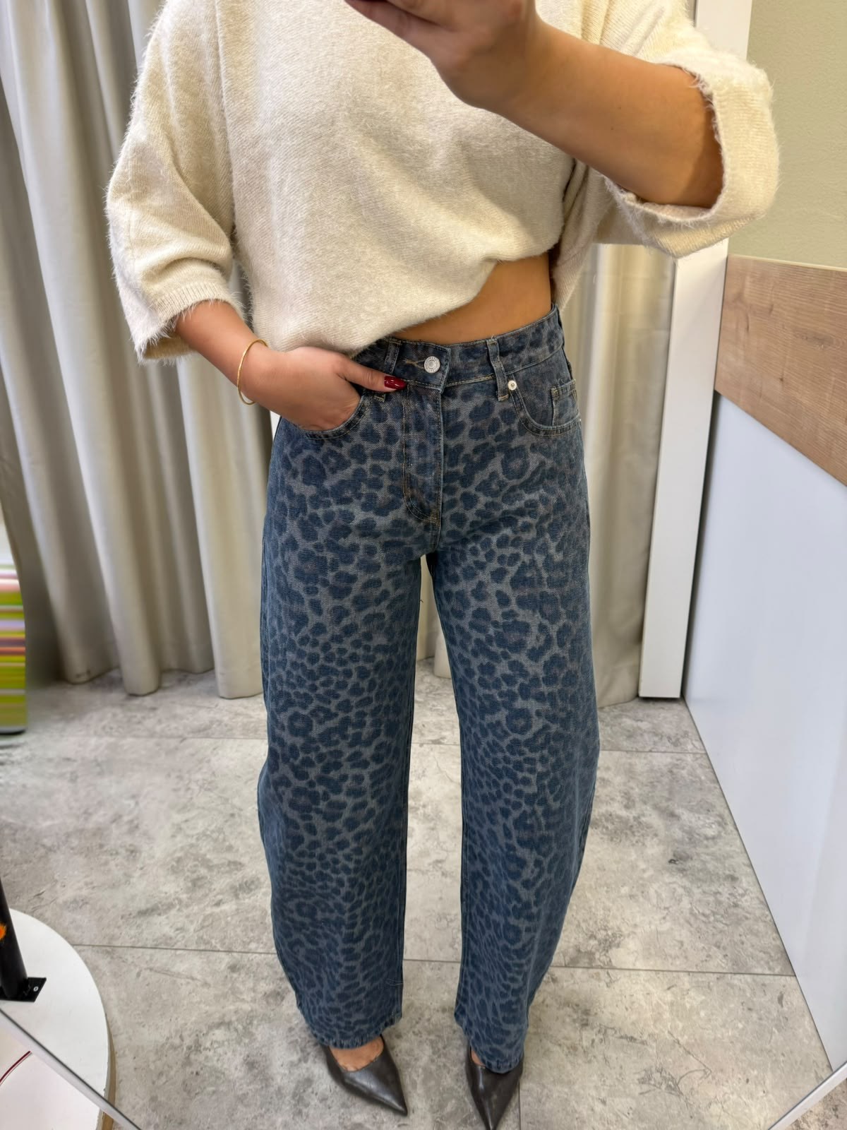 Levona Mavi Leopar Desen  Barrel Jean
