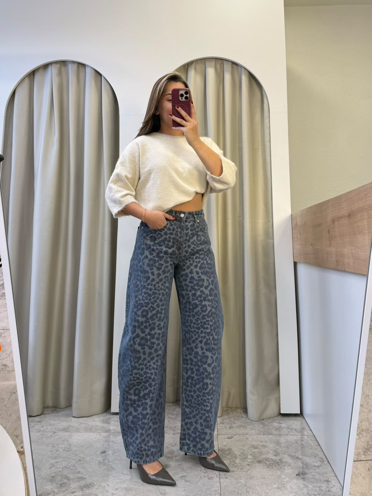Levona Mavi Leopar Desen  Barrel Jean