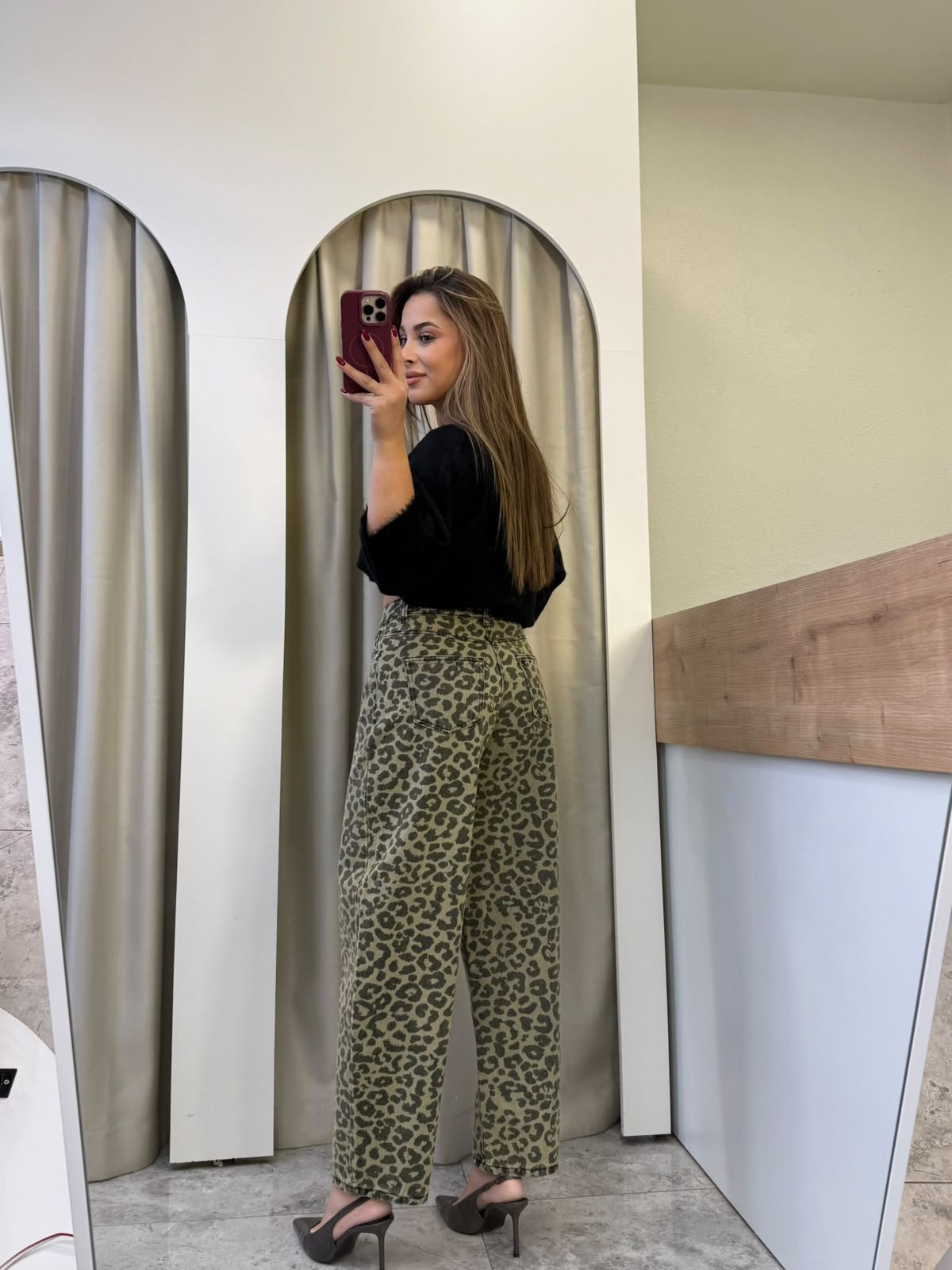 Levona Yeşil Leopar Desen  Barrel Jean