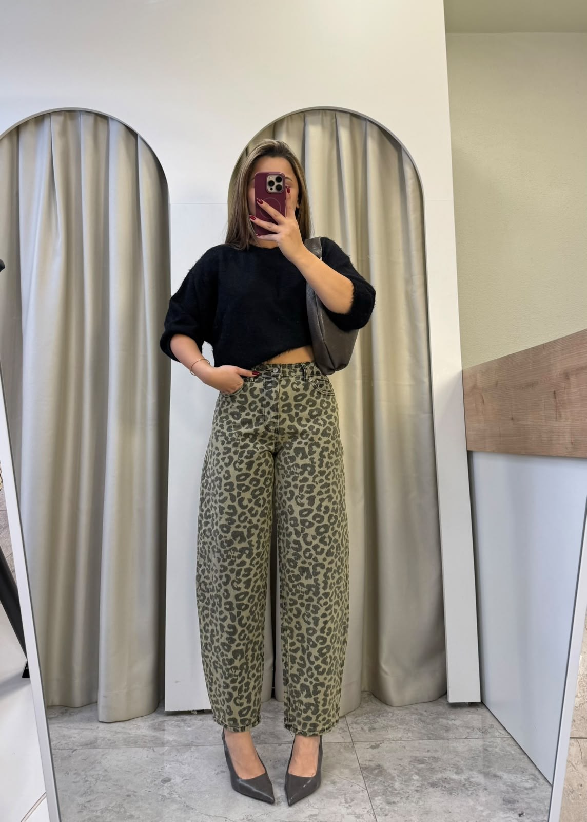 Levona Yeşil Leopar Desen  Barrel Jean