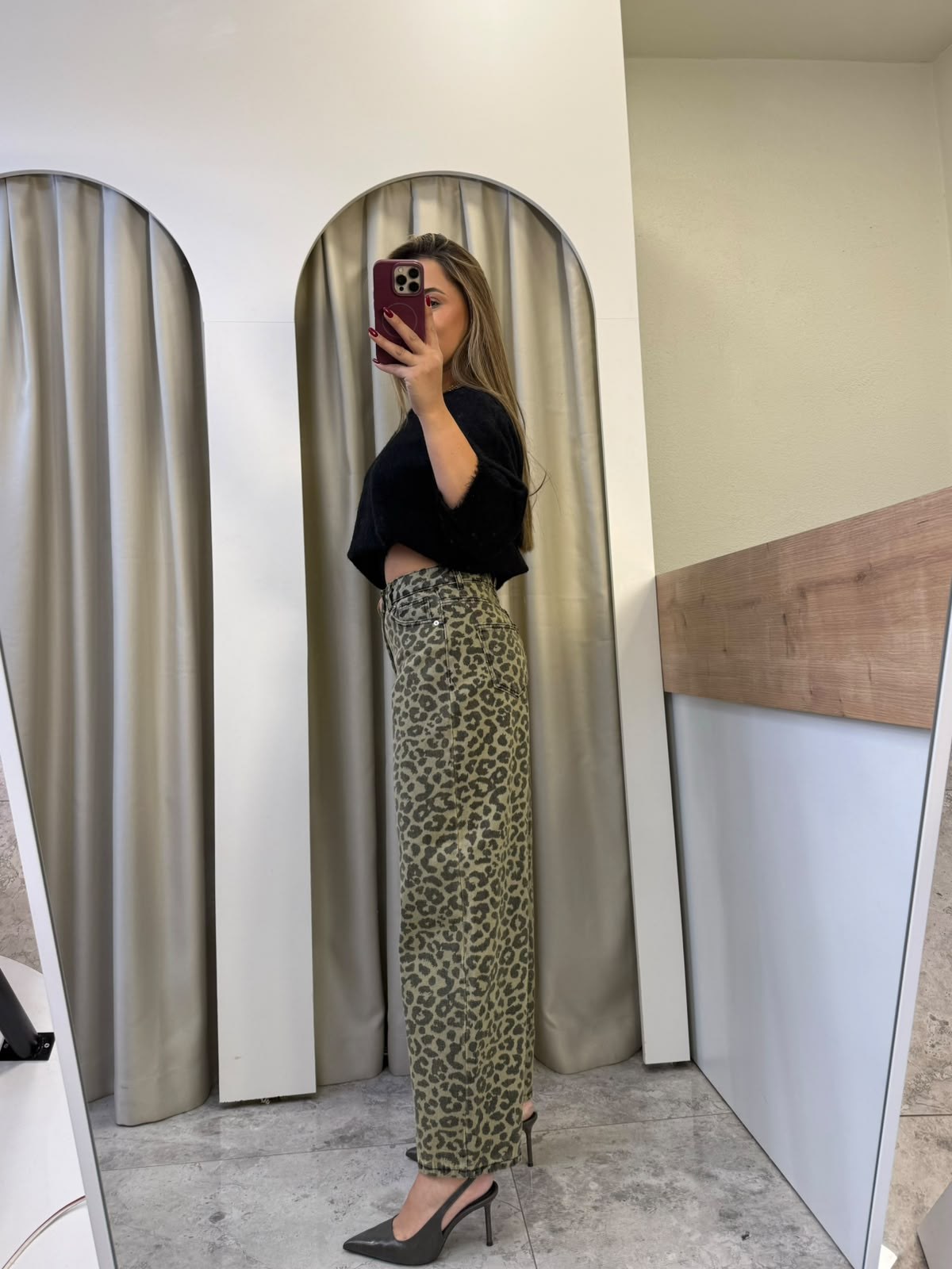 Levona Yeşil Leopar Desen  Barrel Jean