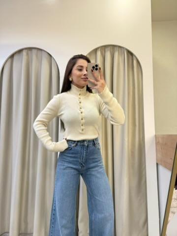 Liya Çıtçıtlı Triko Bluz Krem