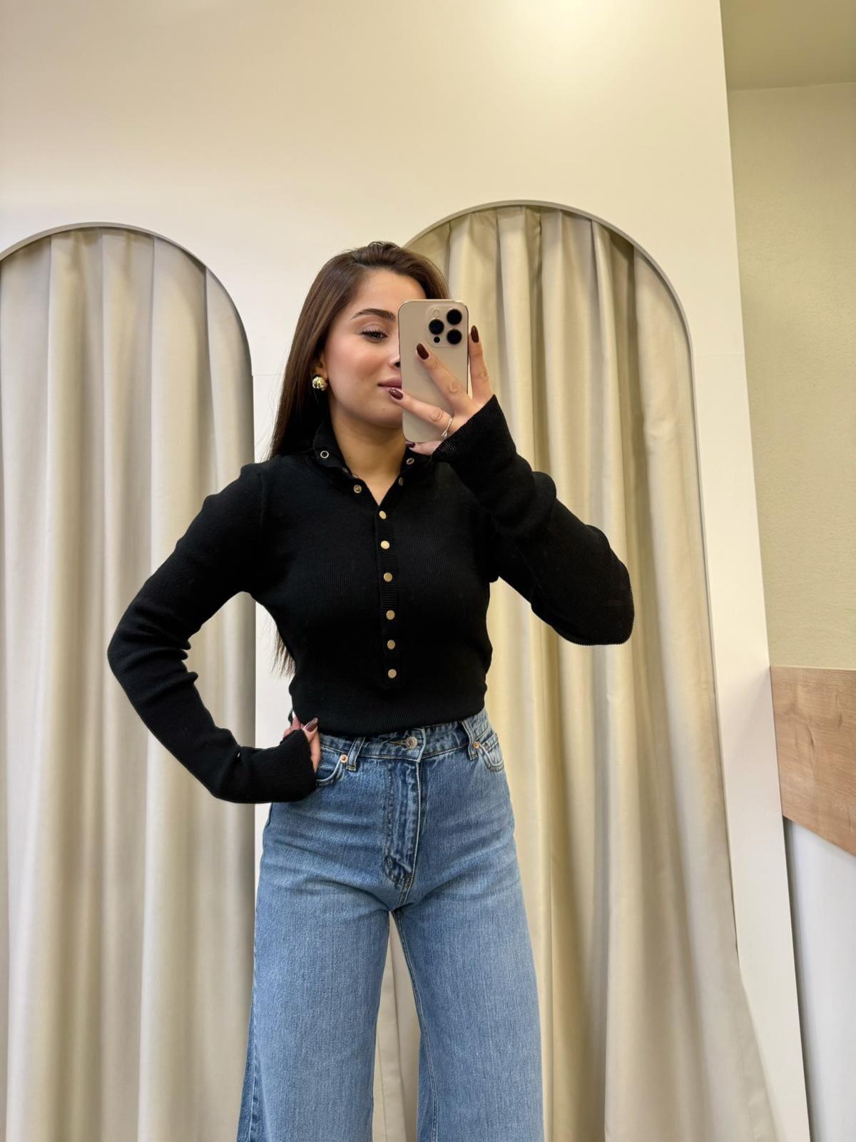 Liya Çıtçıtlı Triko Bluz Siyah