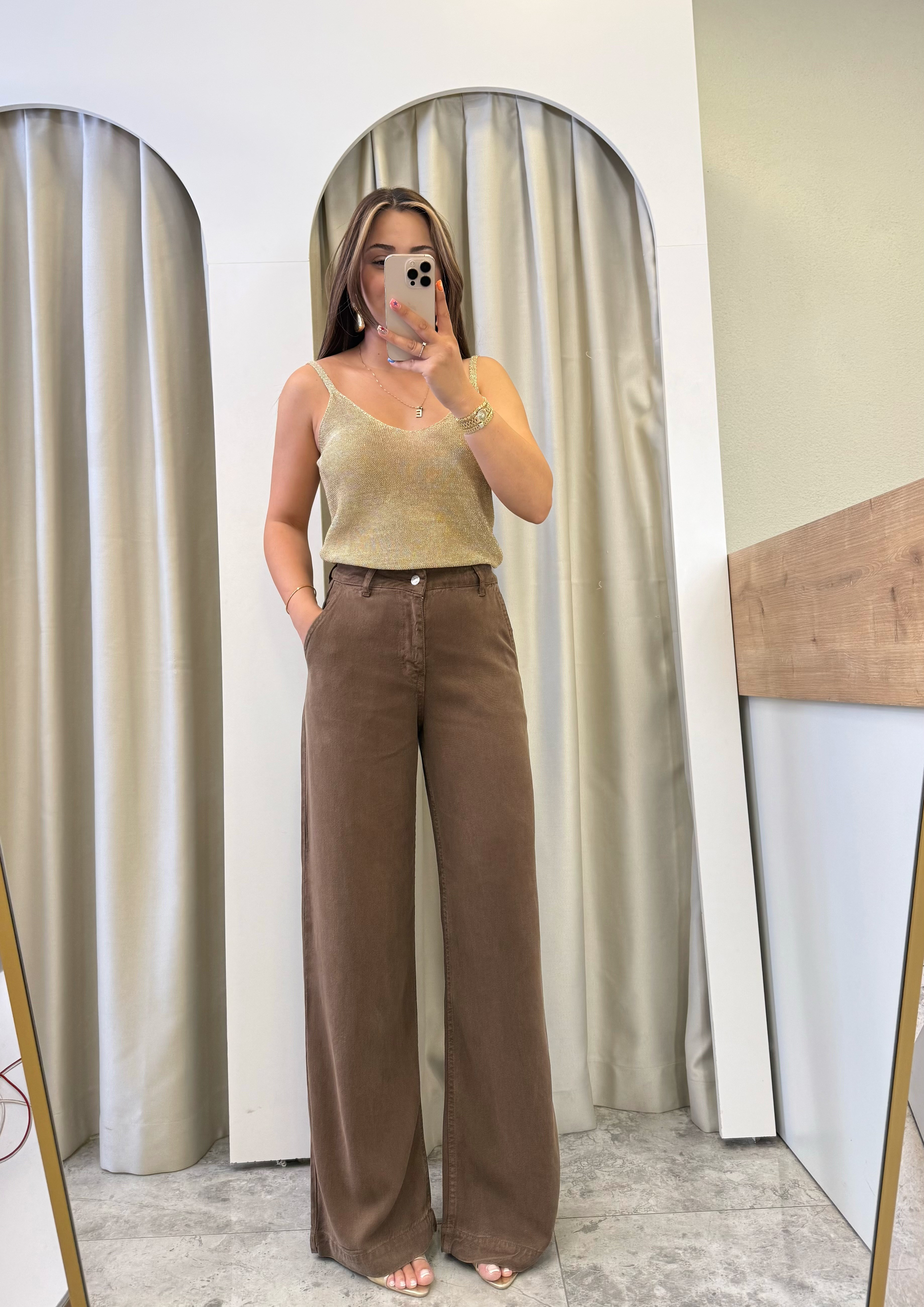 Lucca Kahve Wide Leg Tensel Denim Pantolon