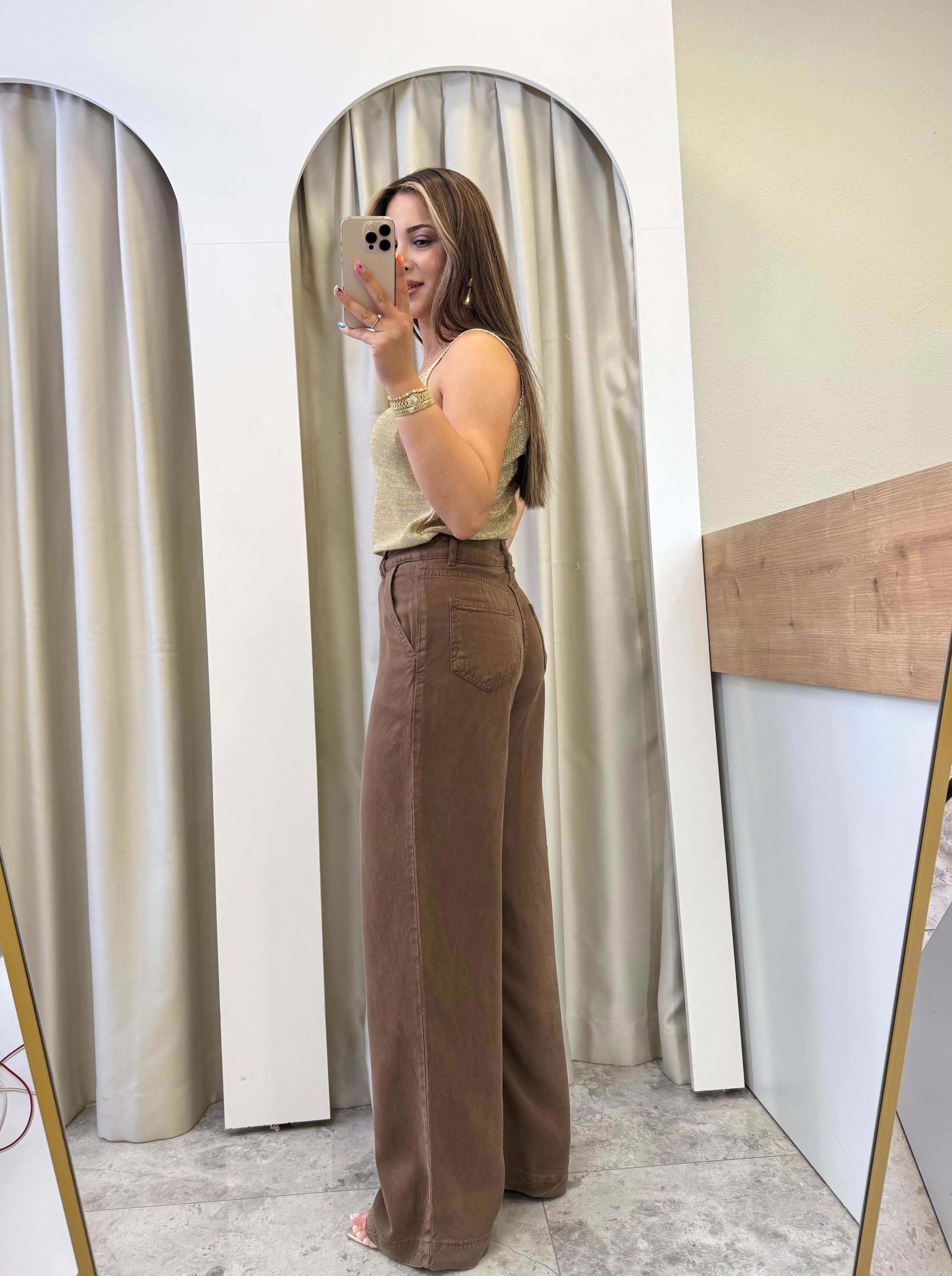 Lucca Kahve Wide Leg Tensel Denim Pantolon