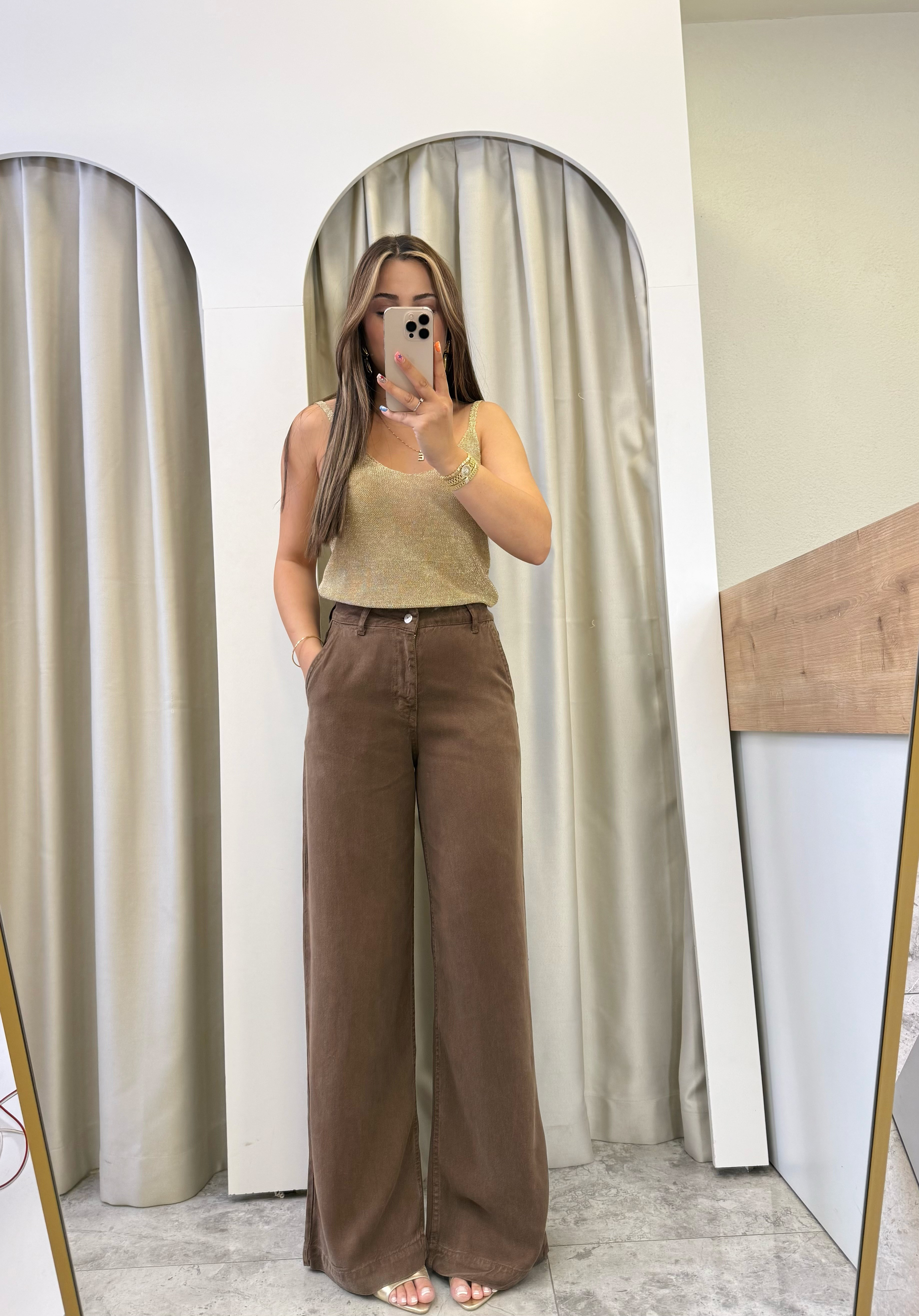 Lucca Kahve Wide Leg Tensel Denim Pantolon
