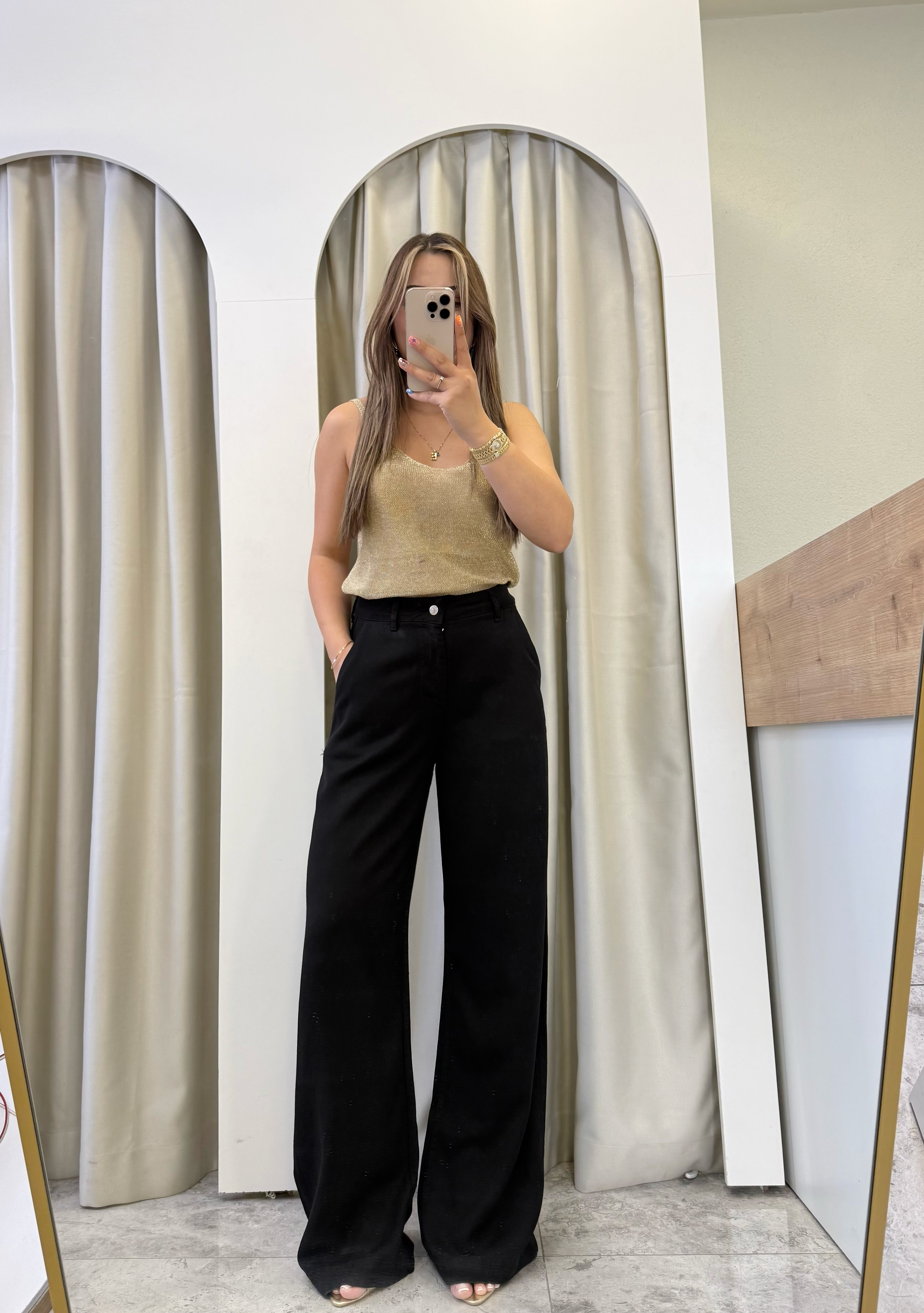 Lucca Siyah Wide Leg Tensel Denim Pantolon