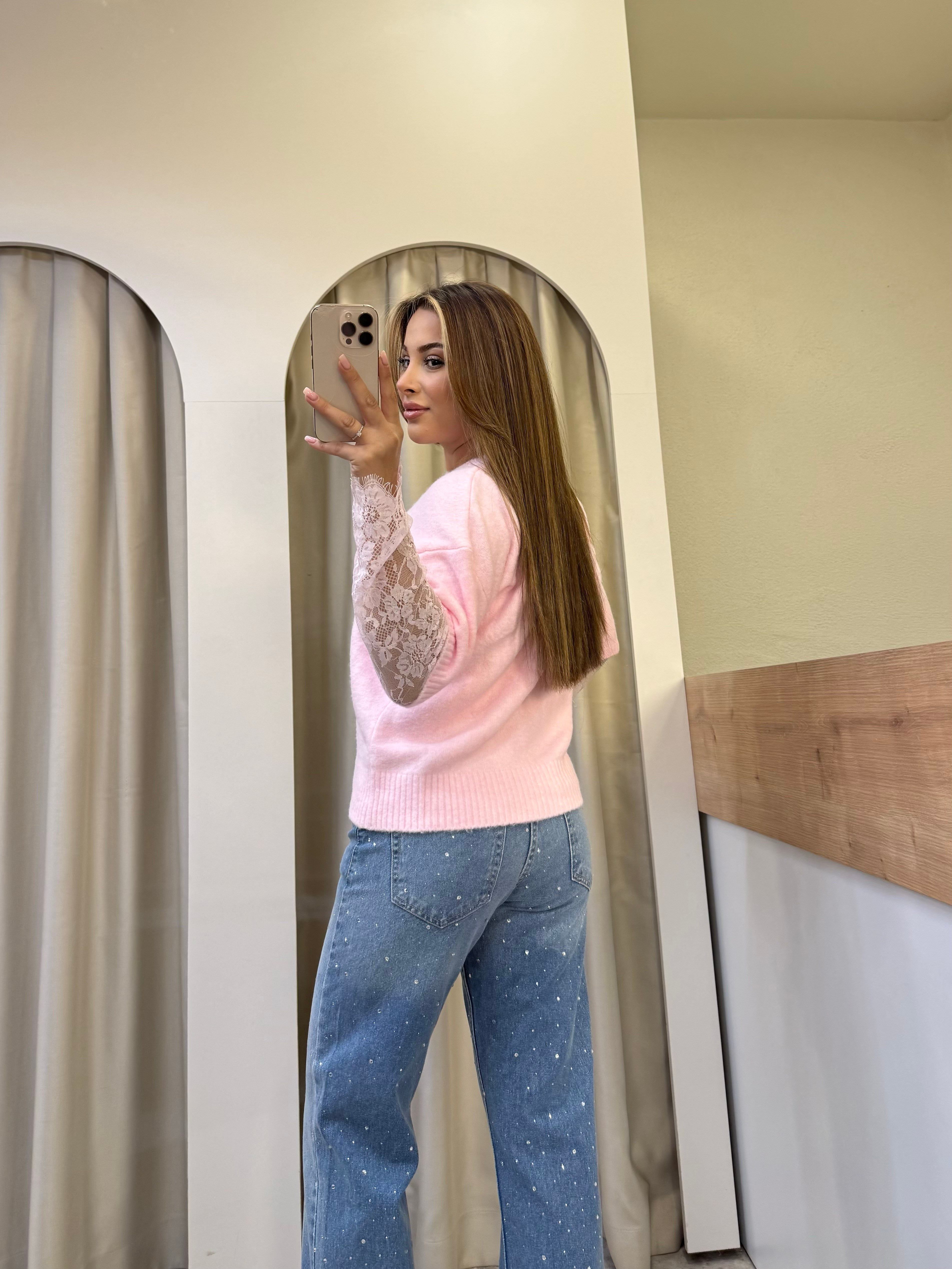 Luna Pembe Dantel Kol Detay Triko
