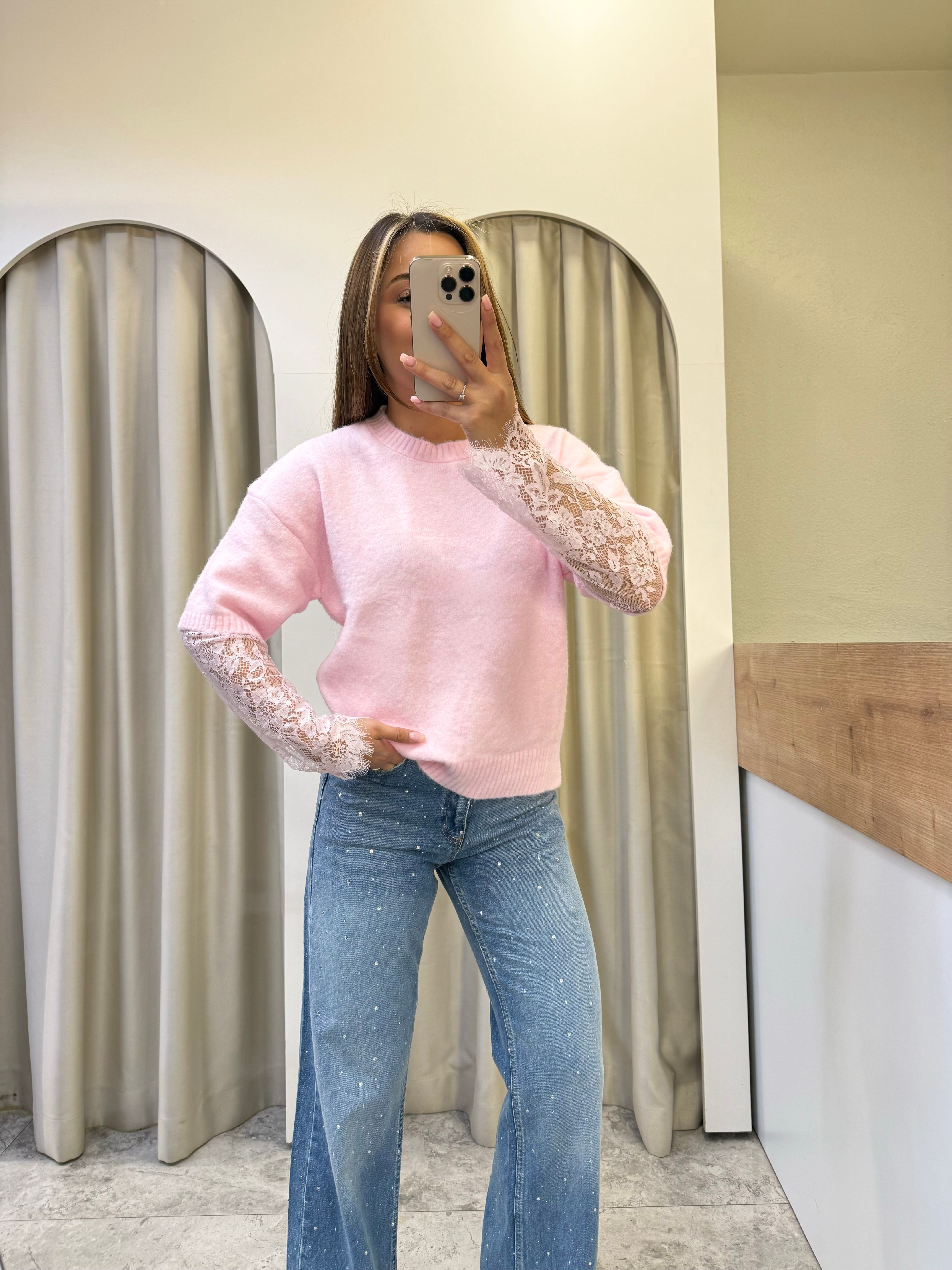 Luna Pembe Dantel Kol Detay Triko