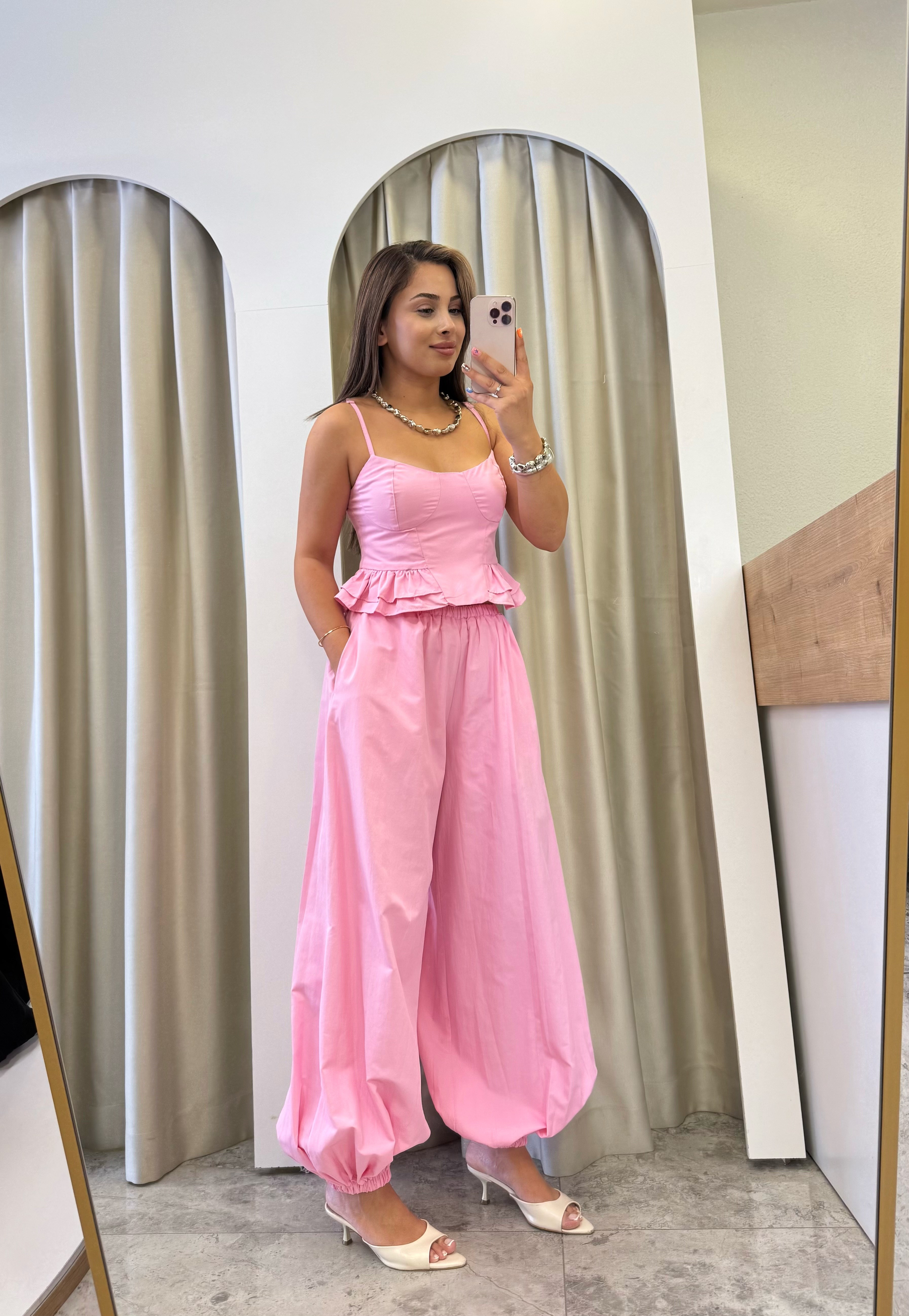 Lunara Pembe Balon Şalvarlı Poplin Takım