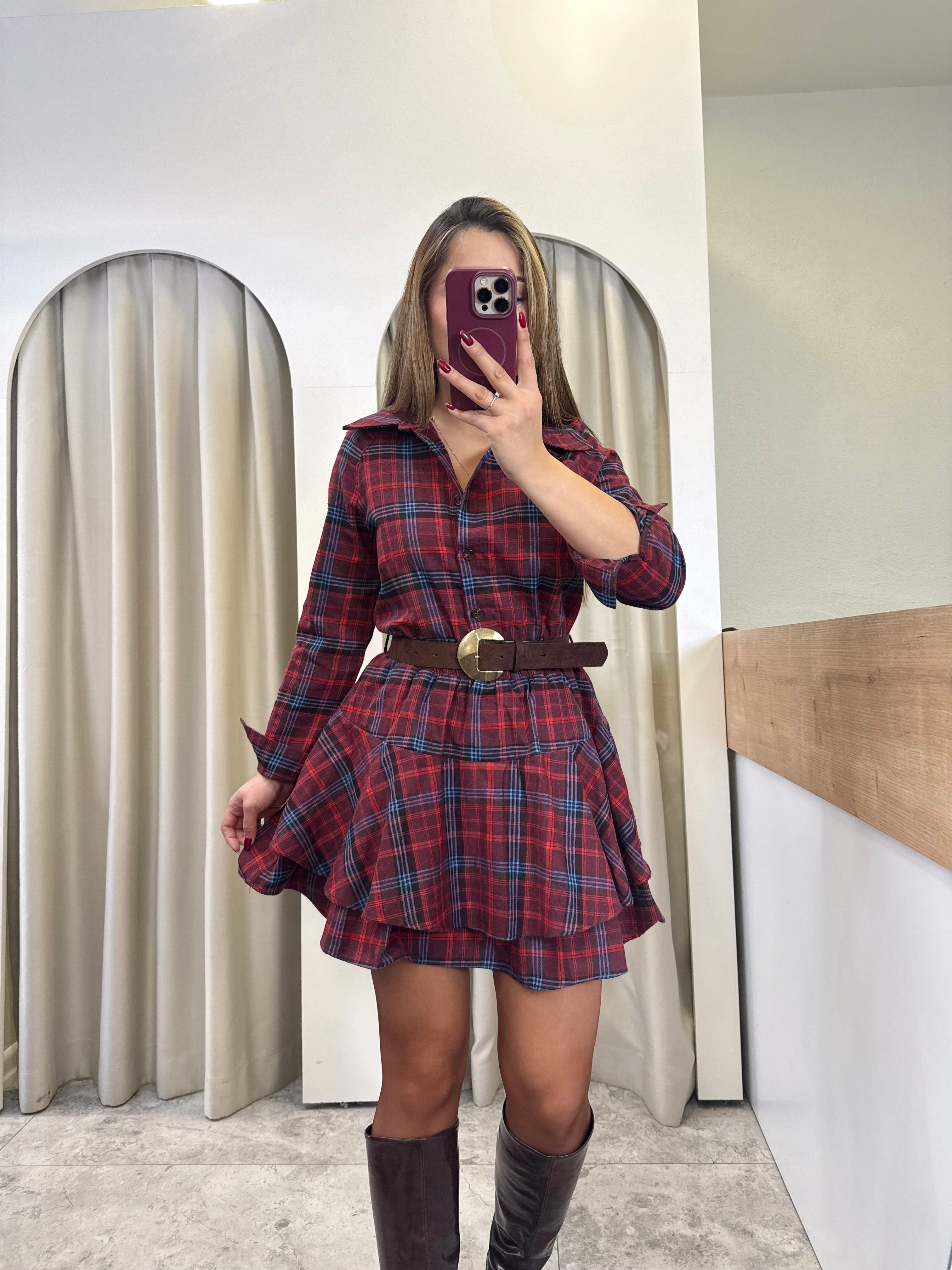 Macar Bordo Ekose Kemerli Elbise