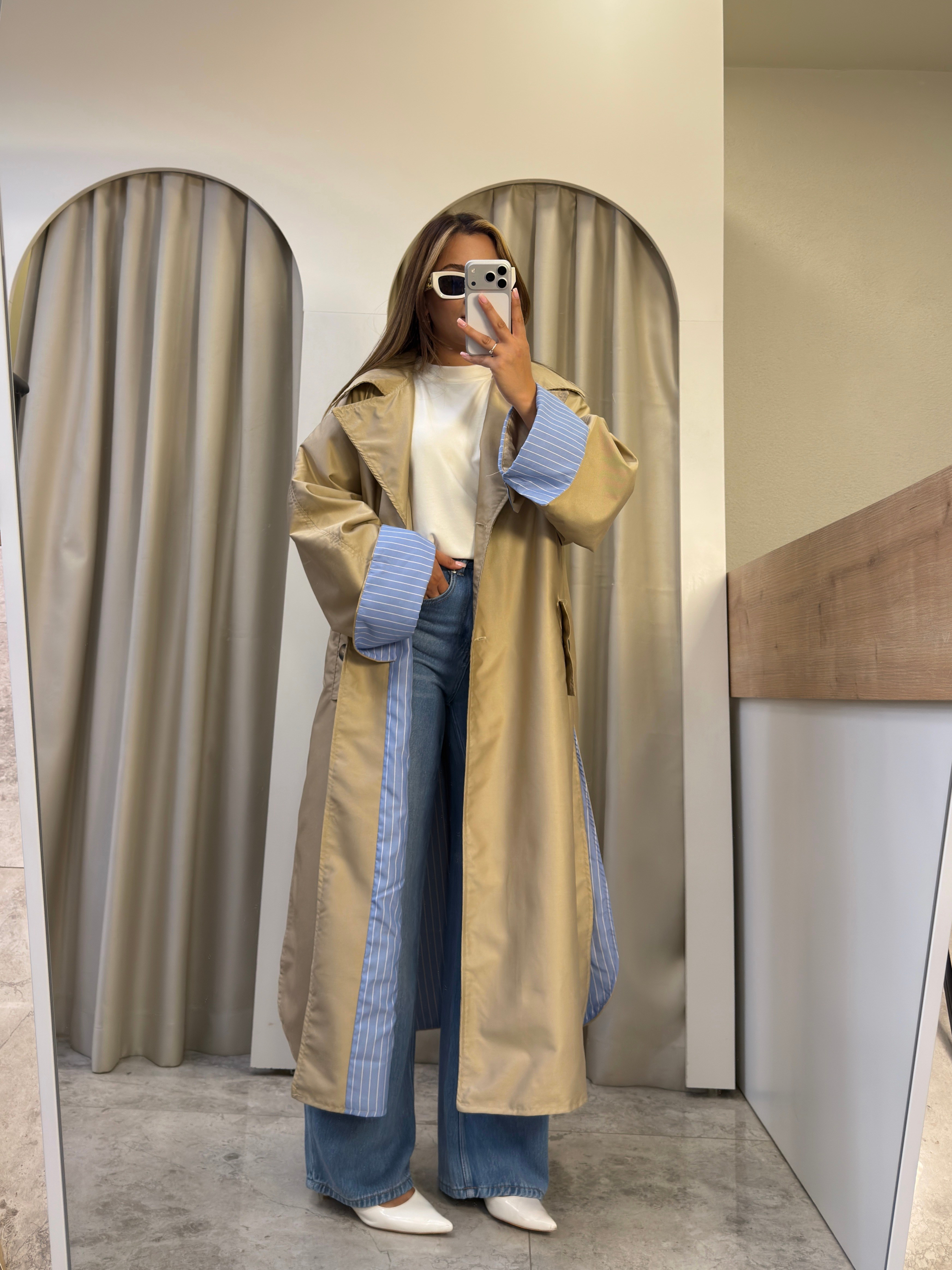 Maria Premium Mavi Çizgili Garnili Kuşaklı Trençkot