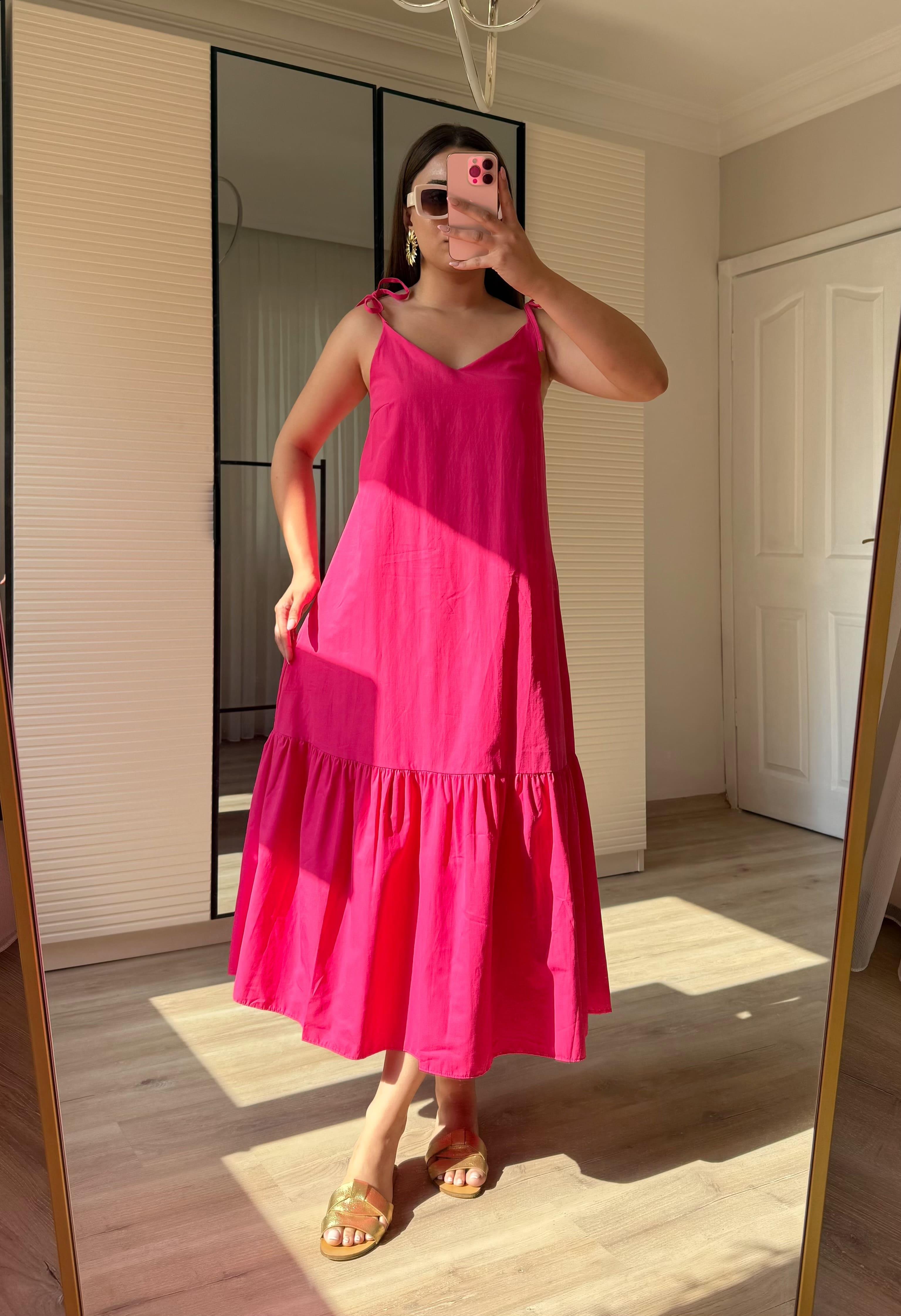 Maxi boy poplin elbise-Pembe