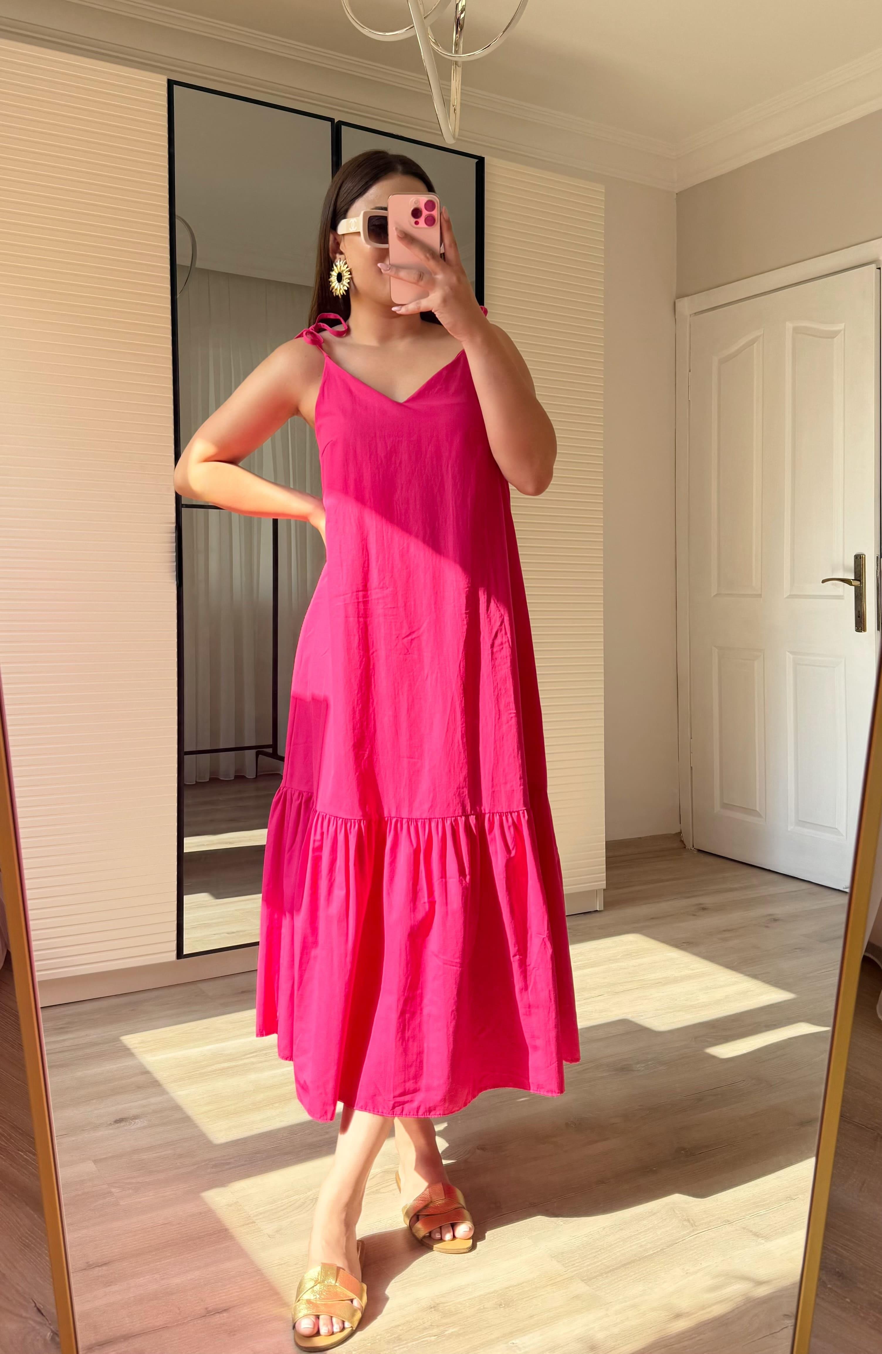 Maxi boy poplin elbise-Pembe