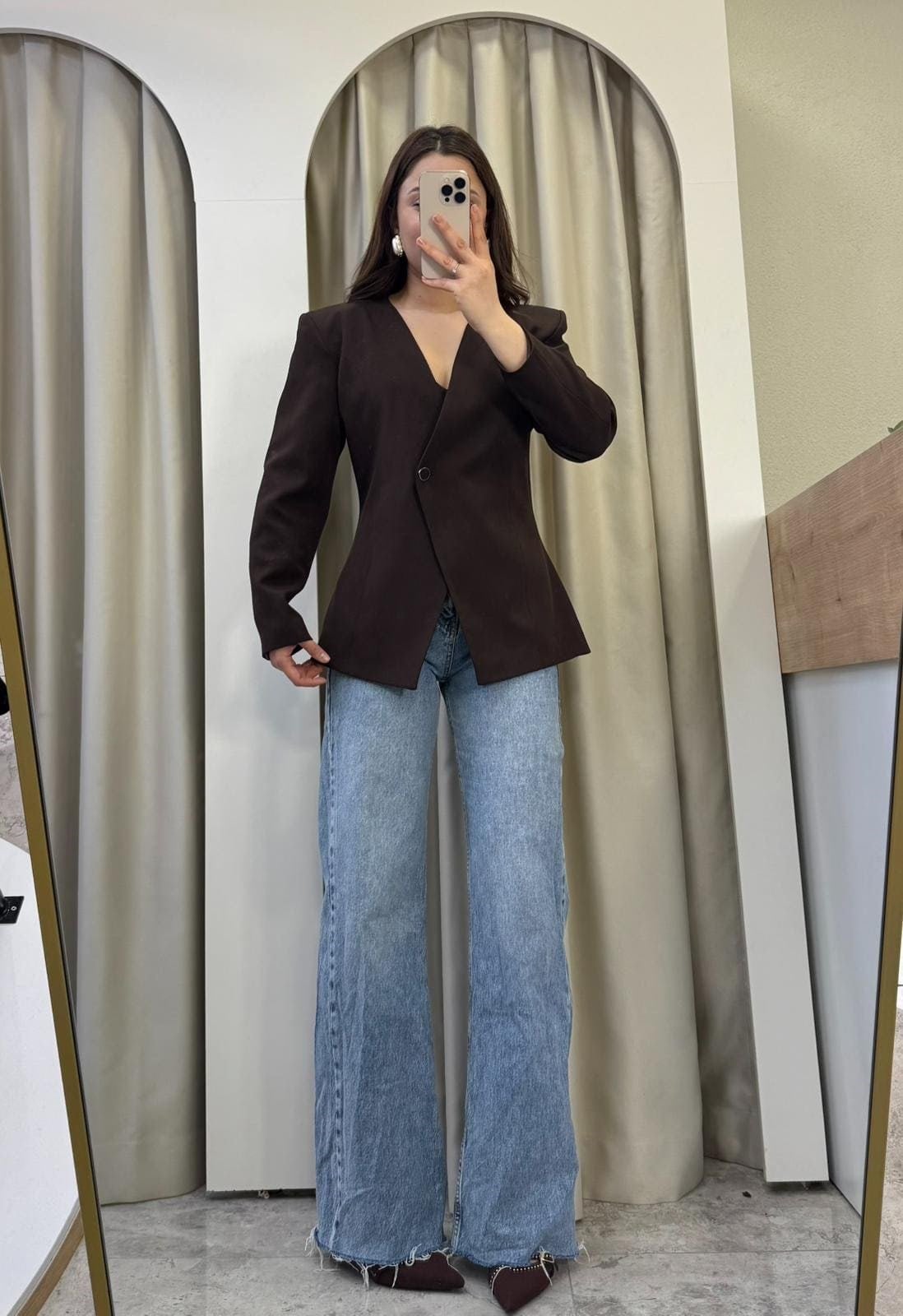 Meysi Belden Oturtmalı Vatkalı Blazer Kahve
