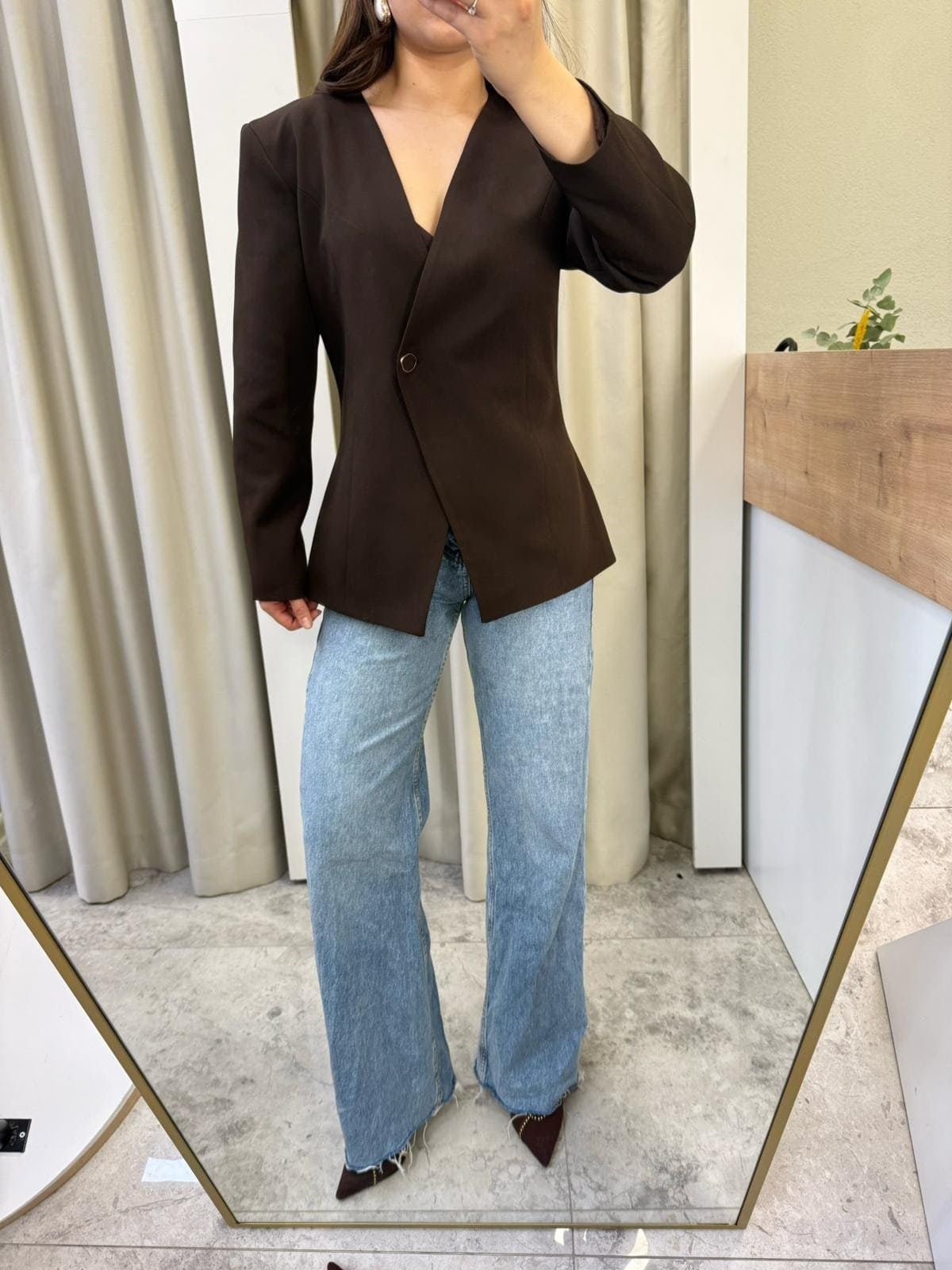 Meysi Belden Oturtmalı Vatkalı Blazer Kahve