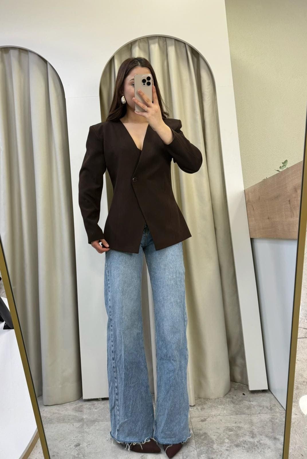 Meysi Belden Oturtmalı Vatkalı Blazer Kahve
