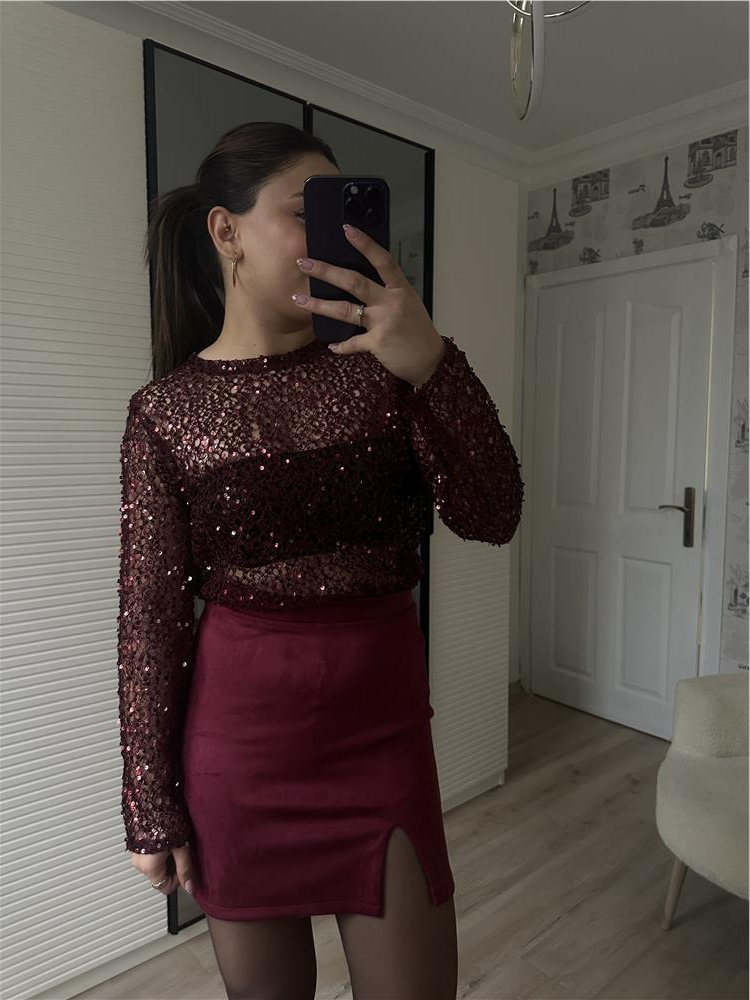 Mini Süet Etek -BORDO