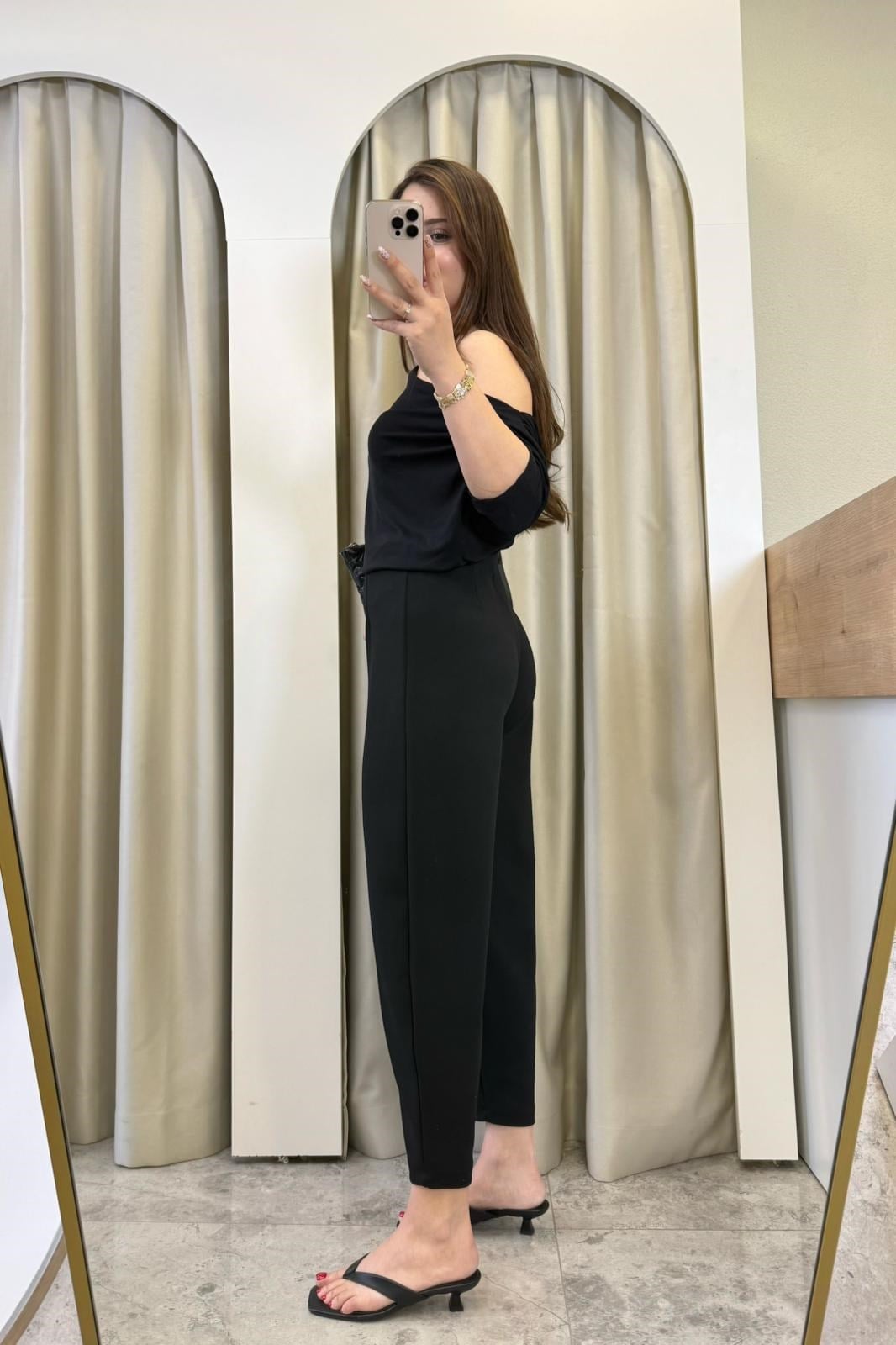 Mirel Crep Kumaş Likralı Balon Pantolon Siyah