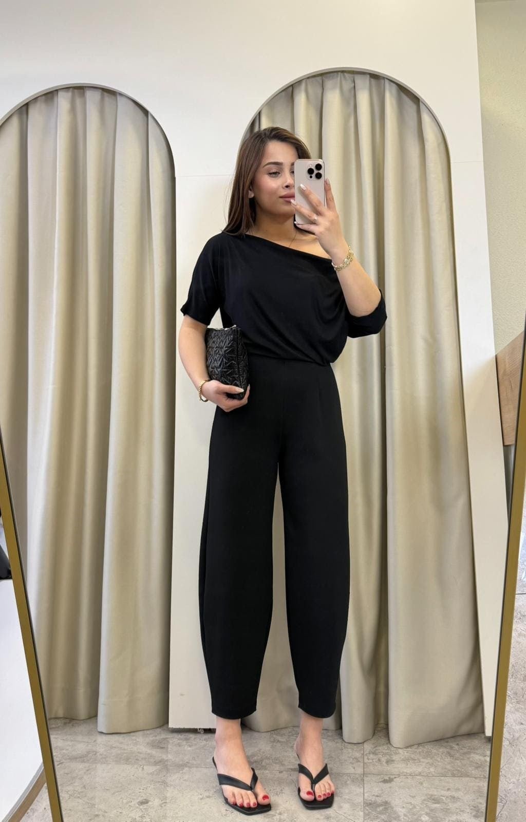 Mirel Crep Kumaş Likralı Balon Pantolon Siyah