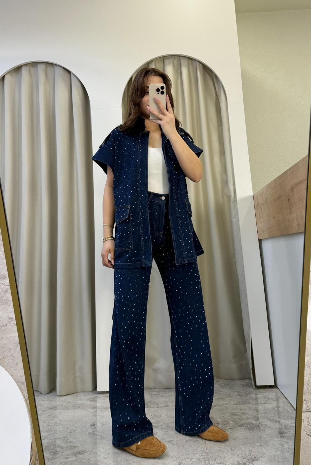 Moise Taşlı Denim Kuşaklı Takım