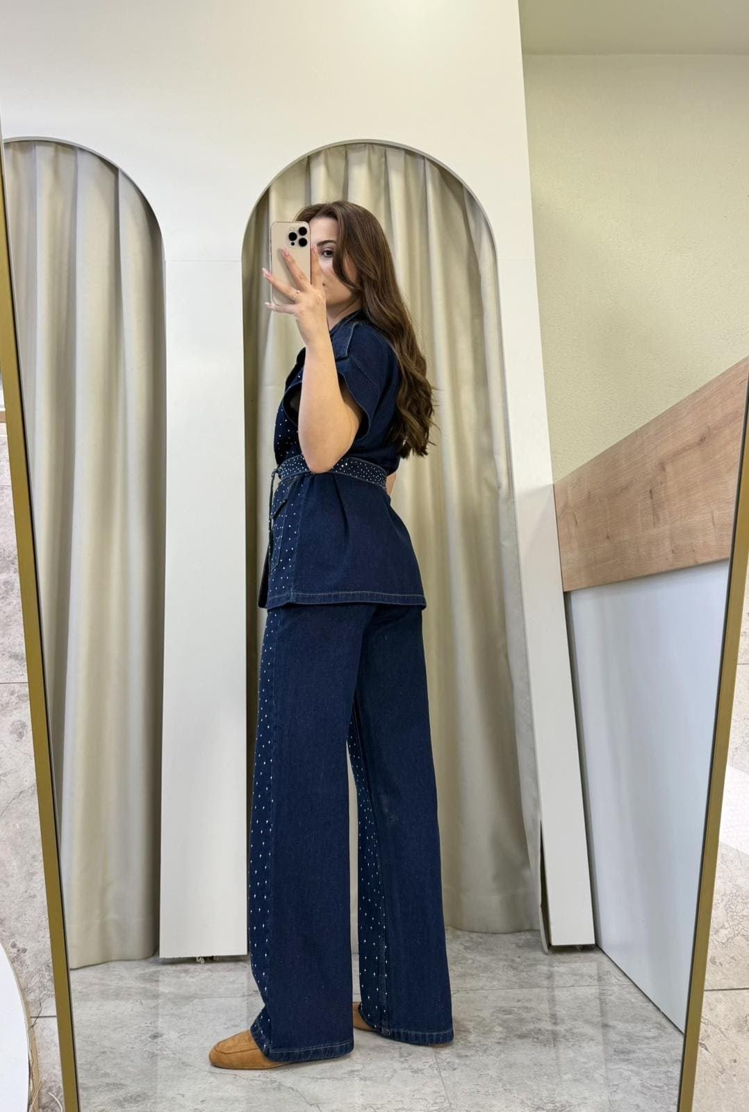 Moise Taşlı Denim Kuşaklı Takım