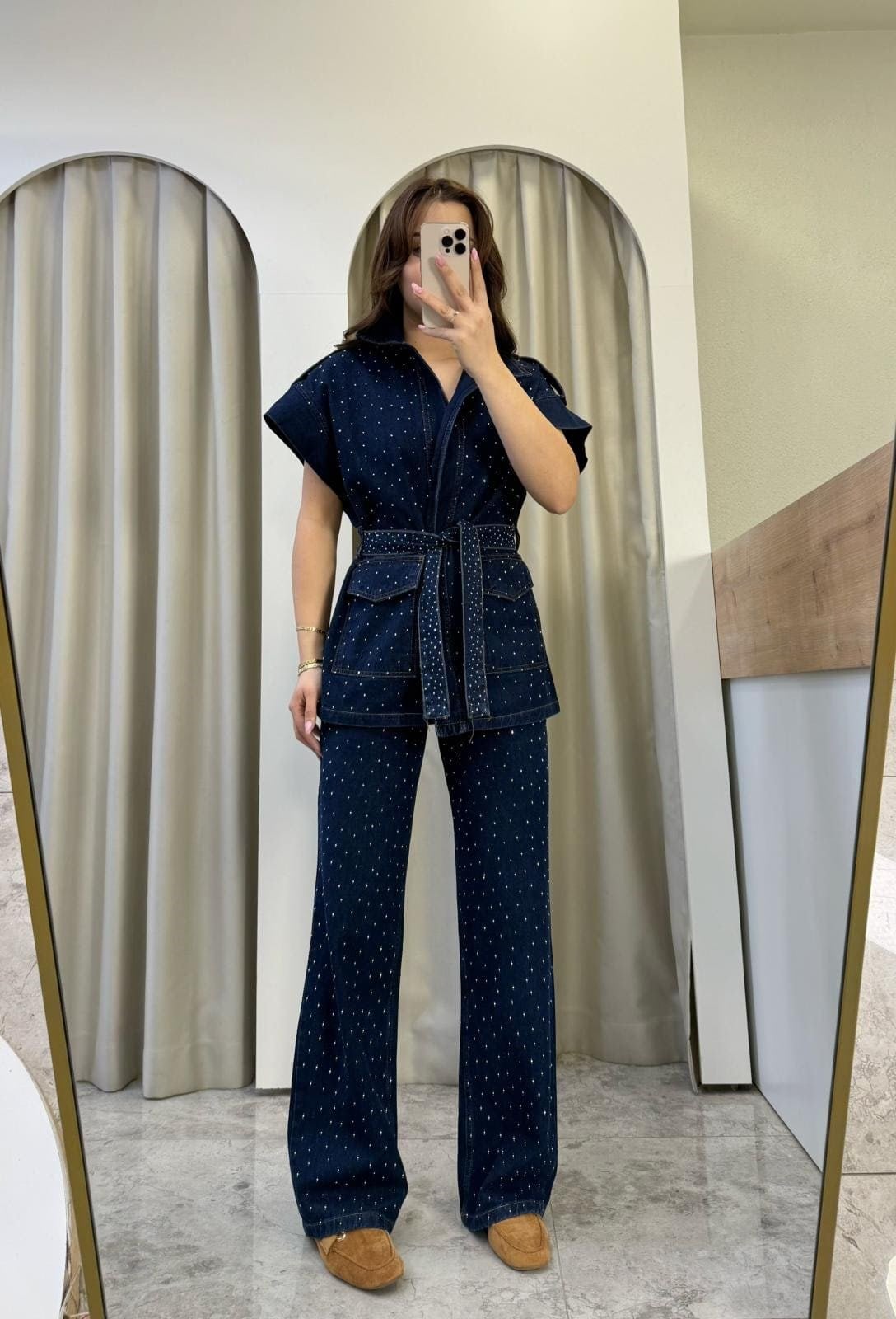 Moise Taşlı Denim Kuşaklı Takım