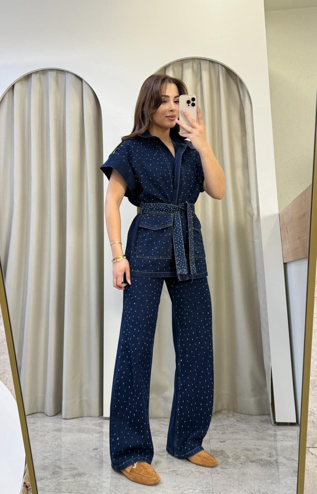 Moise Taşlı Denim Kuşaklı Takım